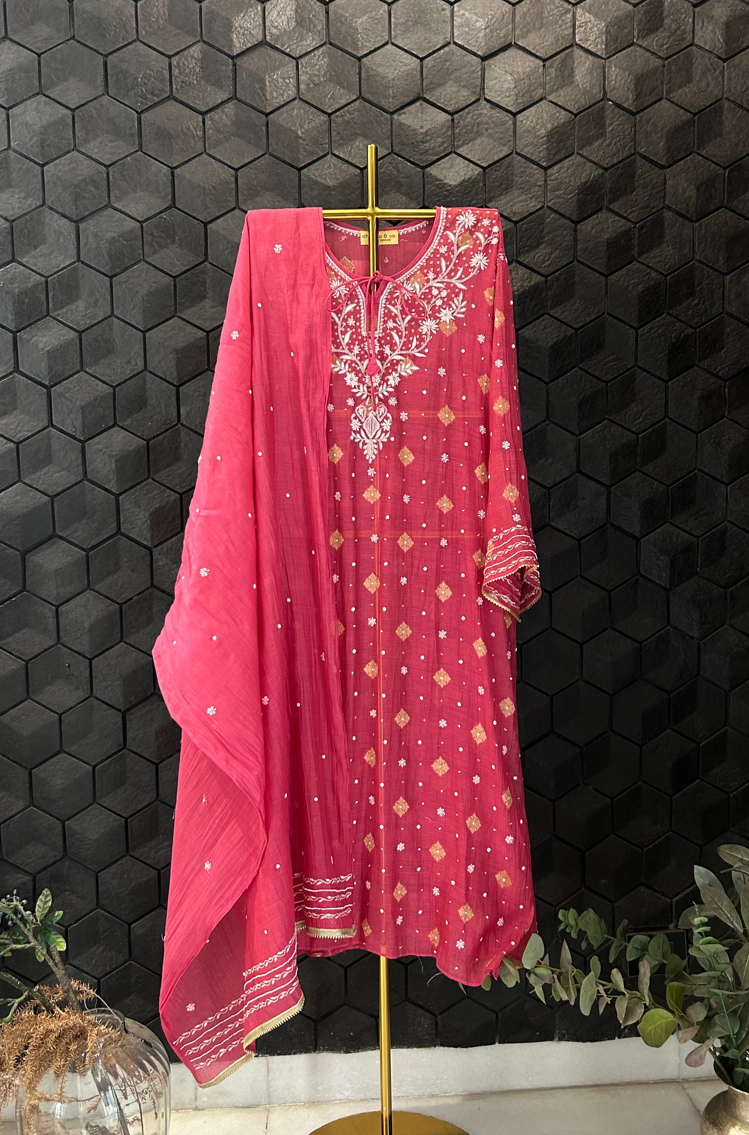 Magenta Mul Chanderi Chikankari Kurta Set