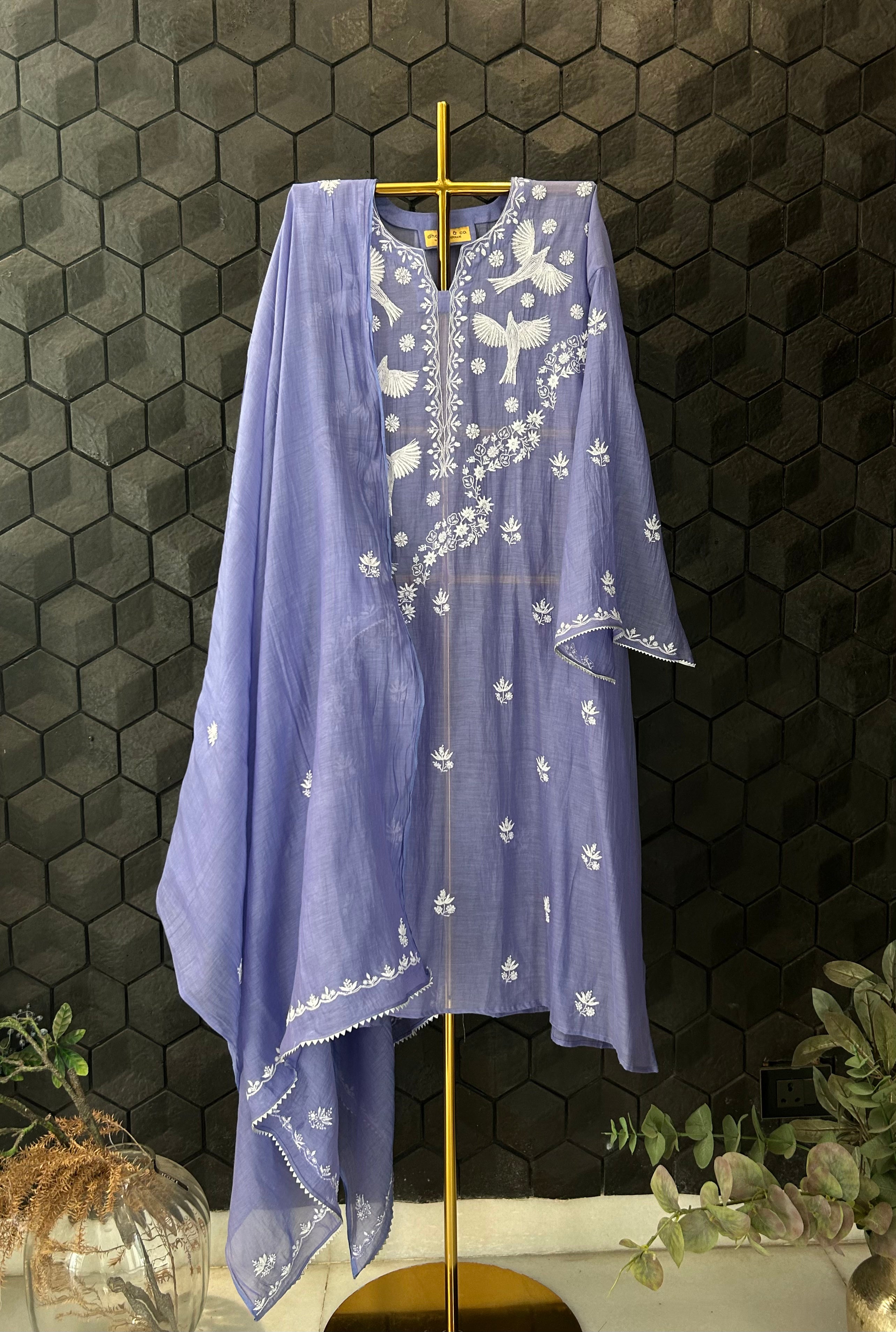 New Purple Mul Chanderi Chikankari Kurta Set