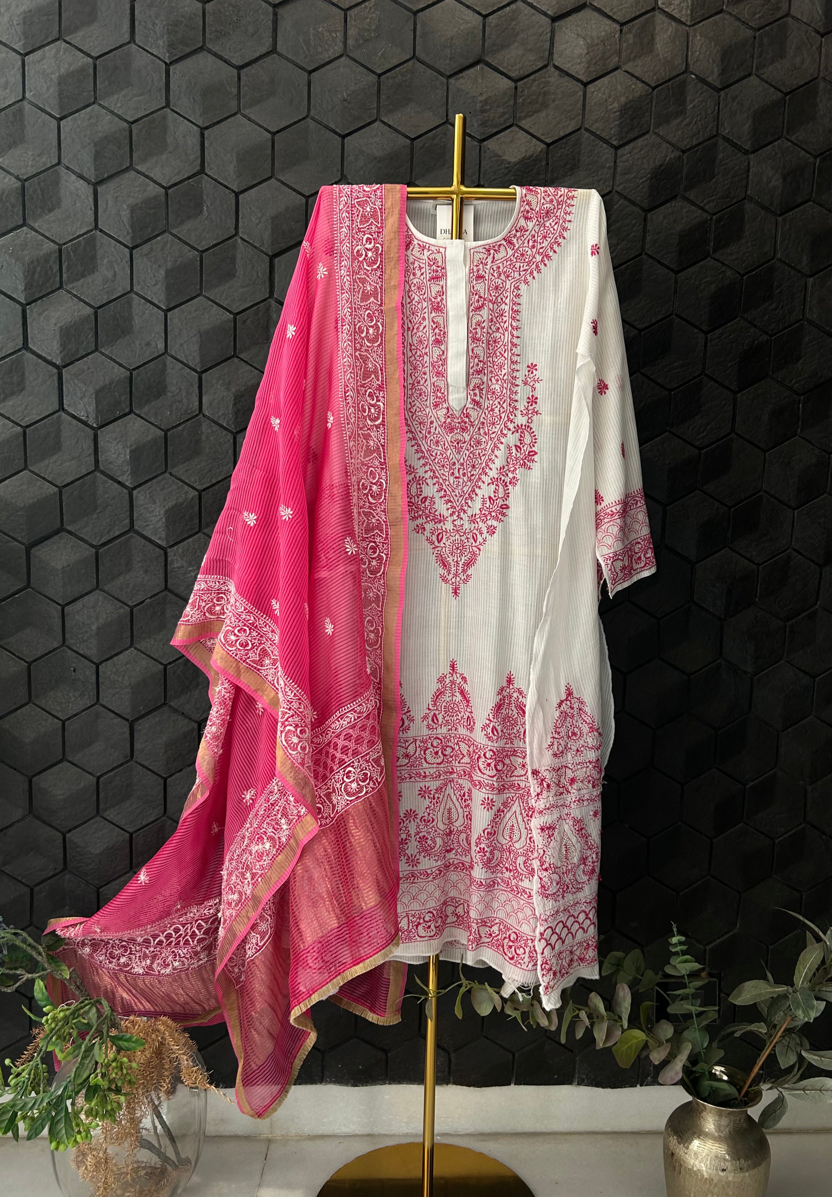 White Maheshwari Chikankari Kurta Set