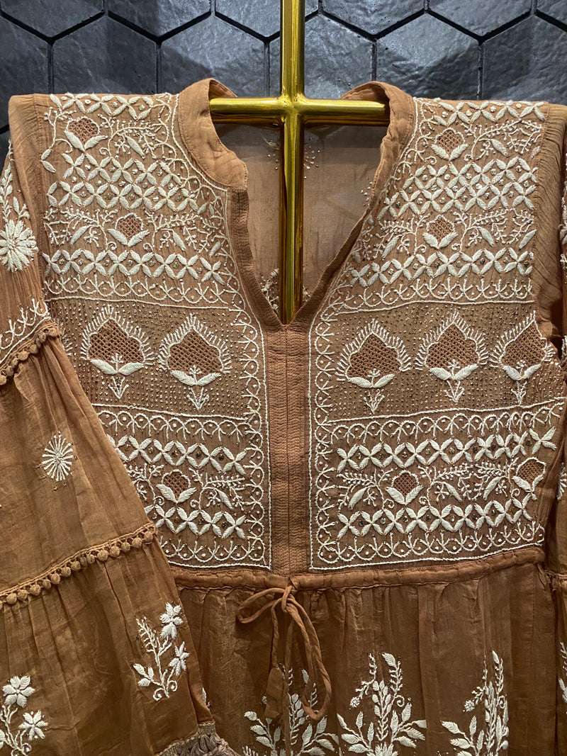 Brown Chanderi Chikankari Dress