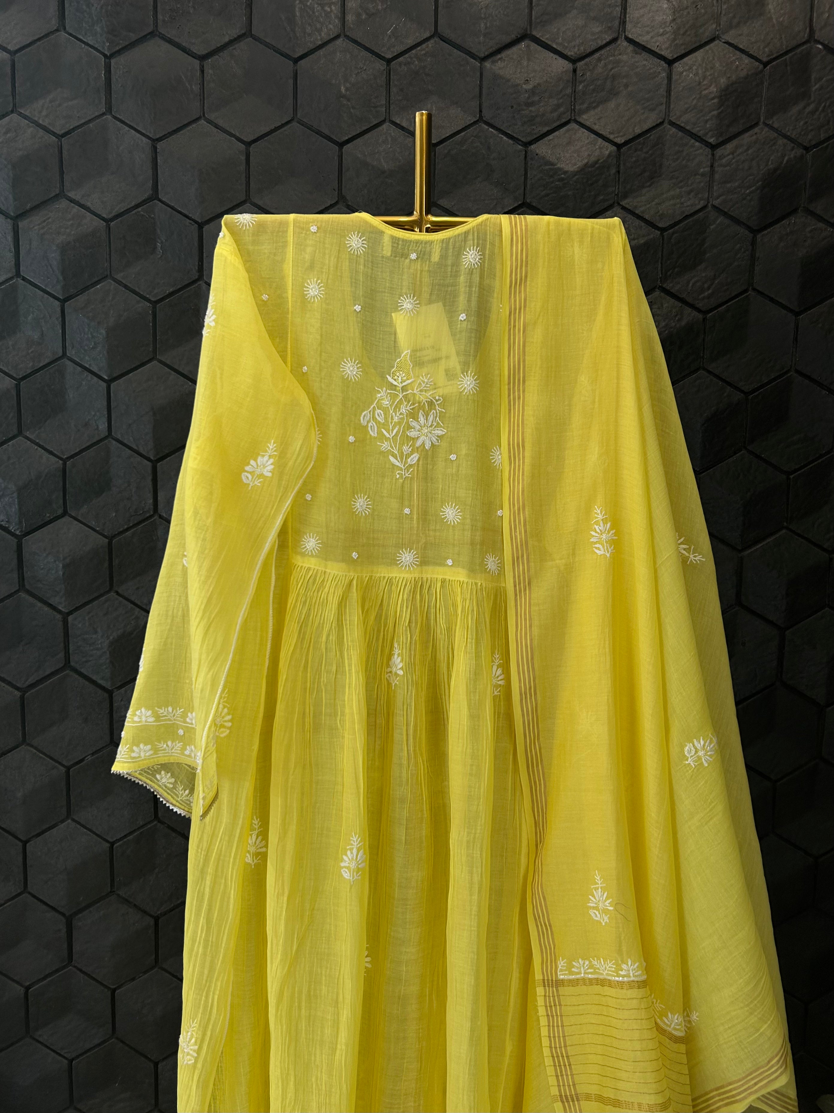 Yellow Mul Chanderi Chikankari Angarkha kurta Set