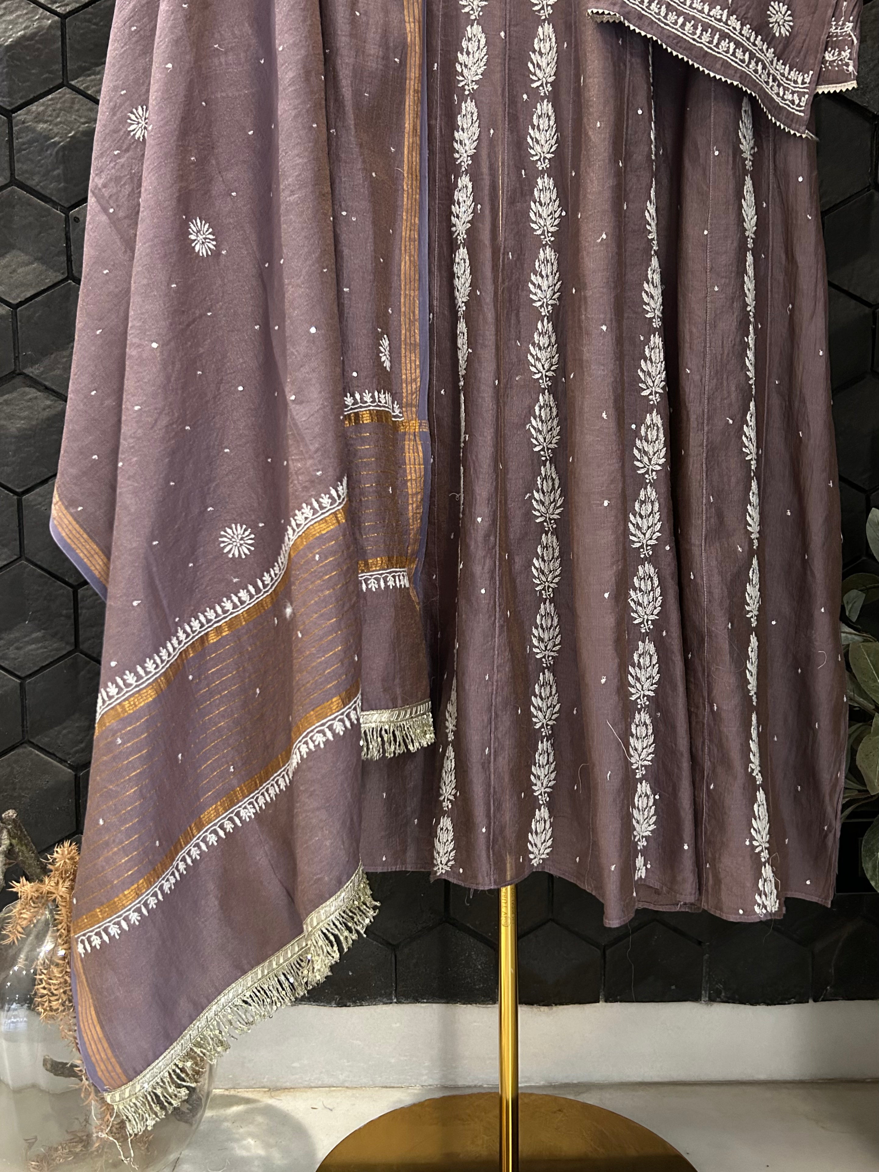 New Purple Tissue Chikankari Anarkali Set