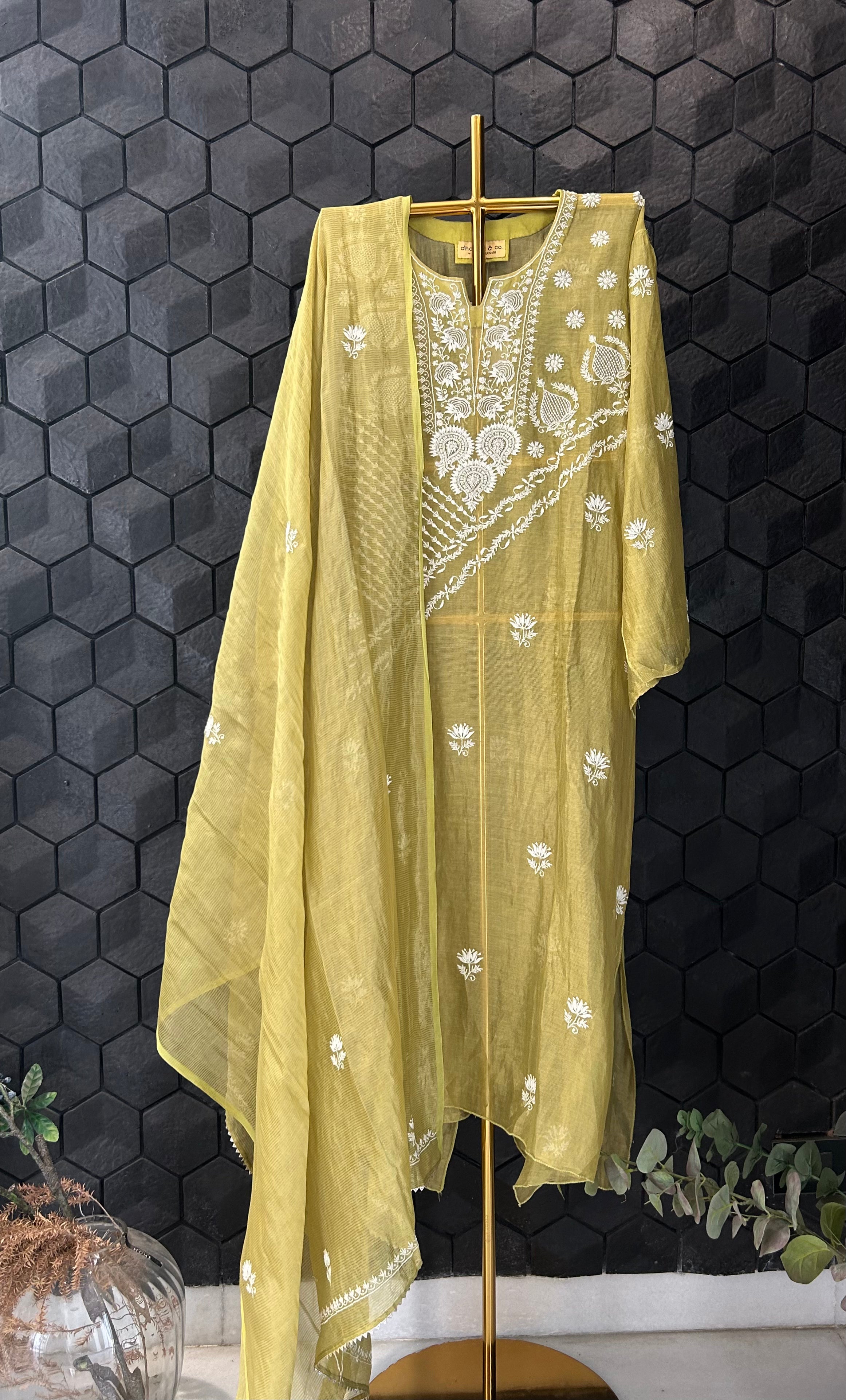 Green Tissue Chikankari Kurta Set