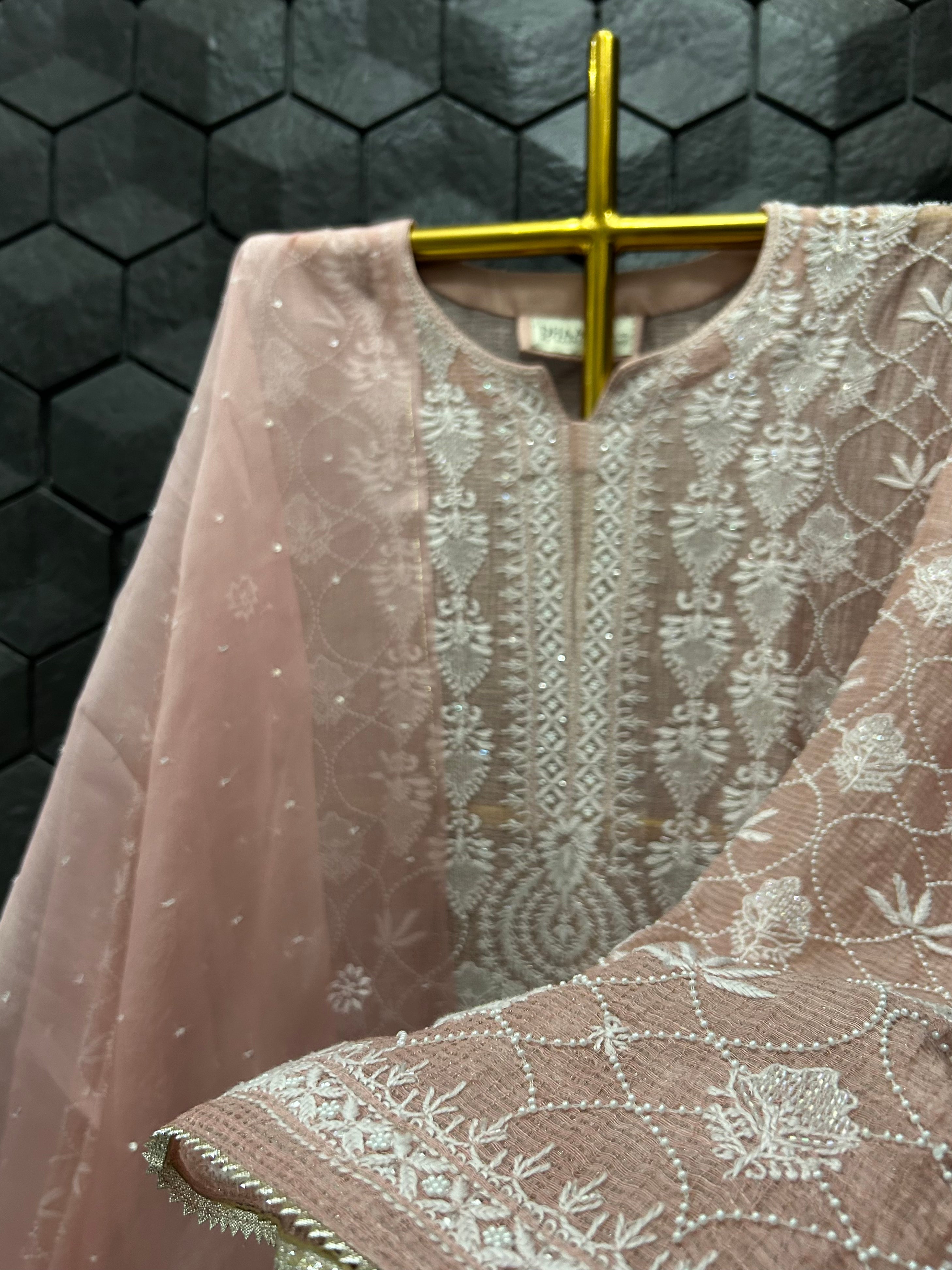 Onion Pink Tissue Kota Chikankari Kurta Set