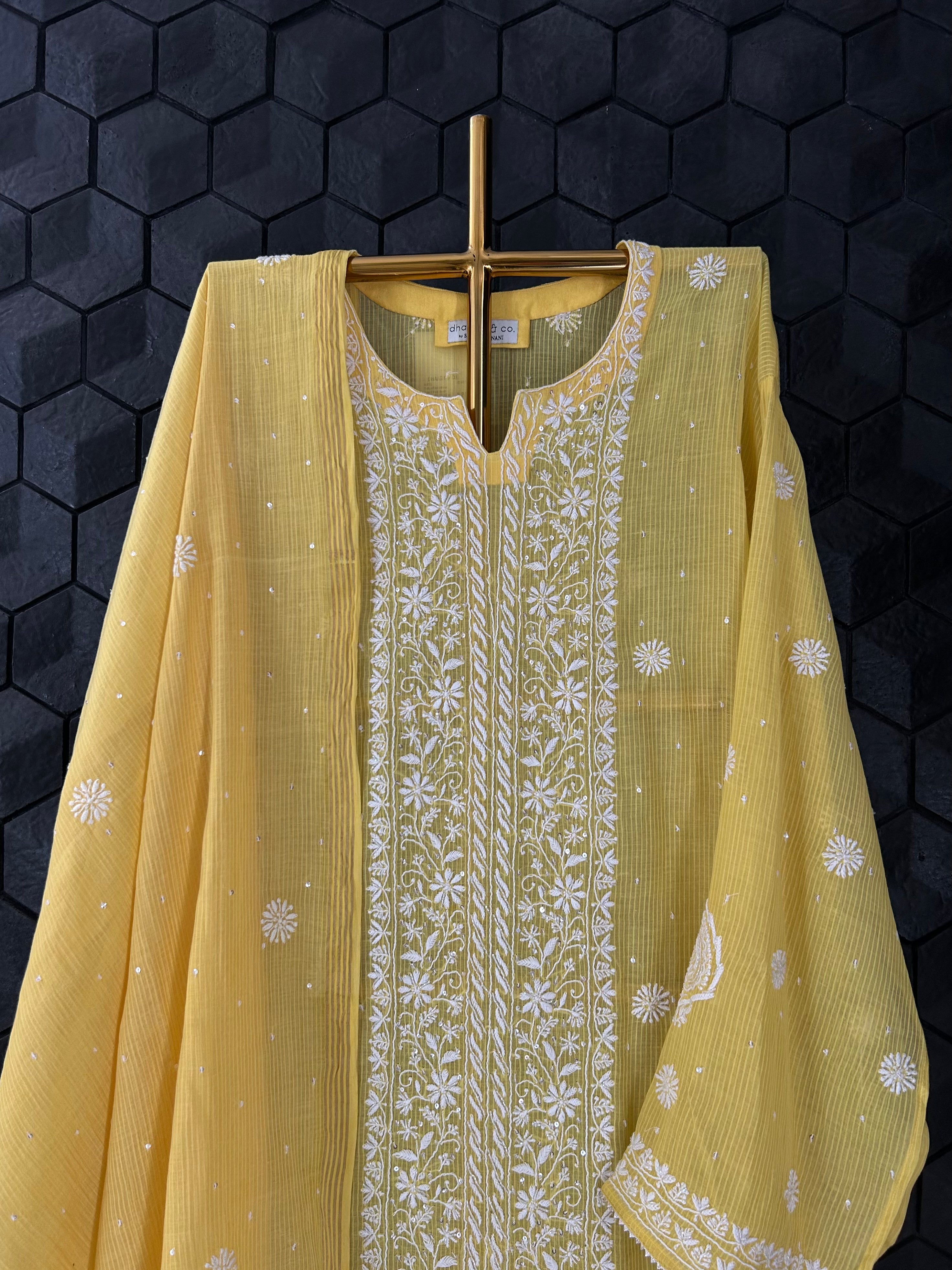 Yellow Maheshwari Chikankari kurta set