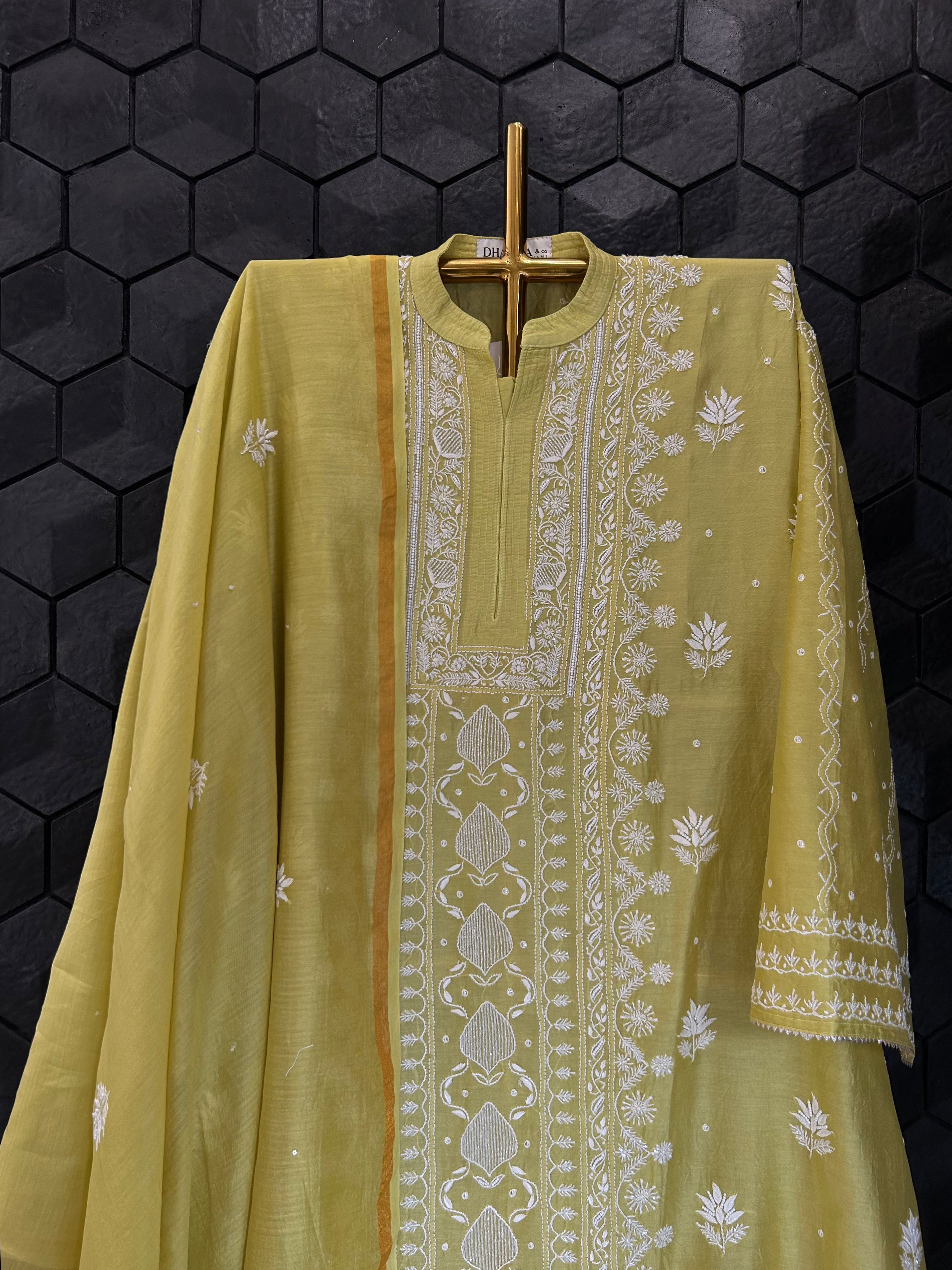 Lime Green Chanderi Silk Chikankari Kurta Set