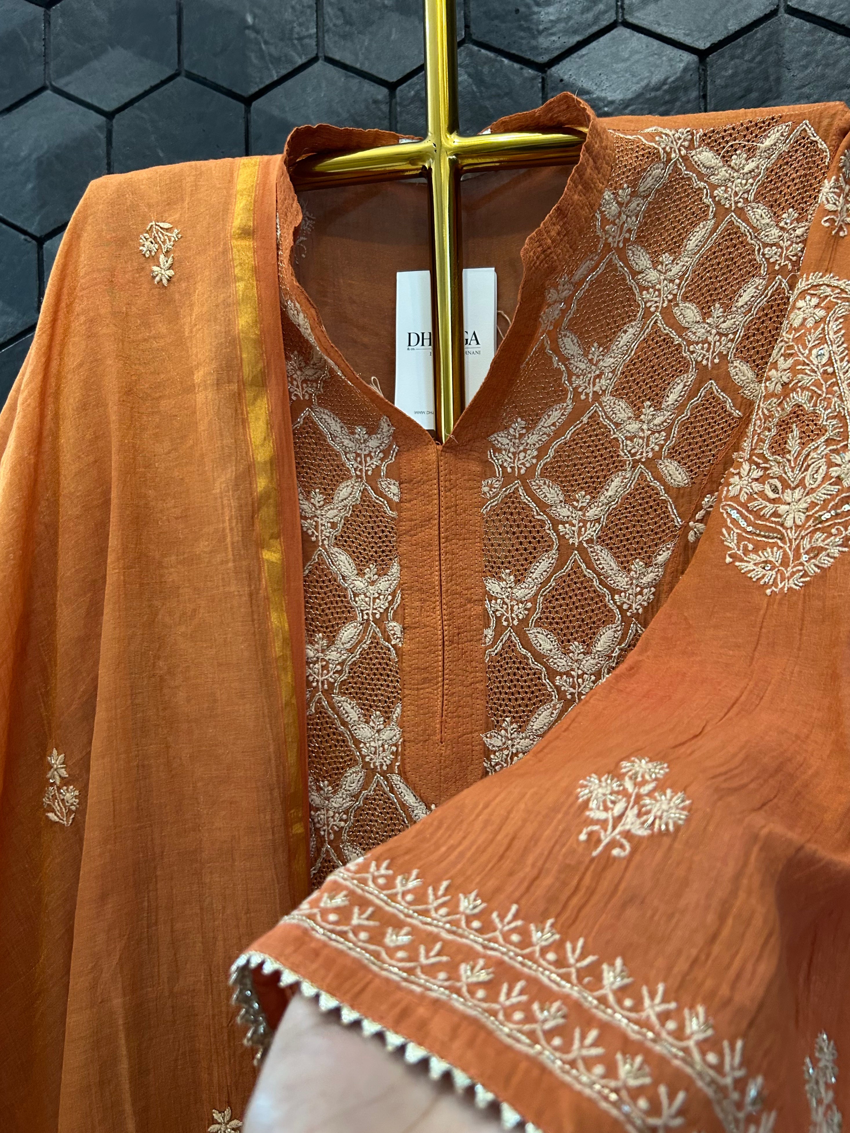Orange Golden tissue chikankari angarkha set