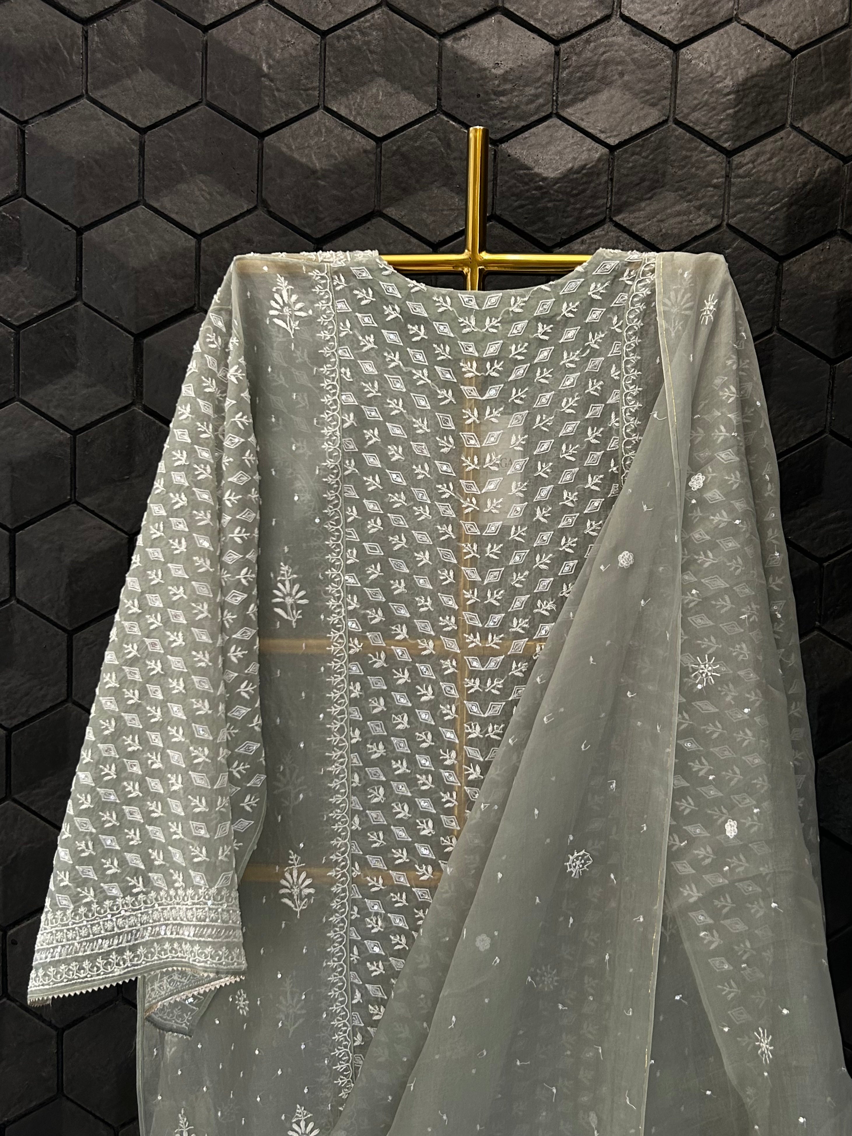 Green Organza Chikankari Kurta Set