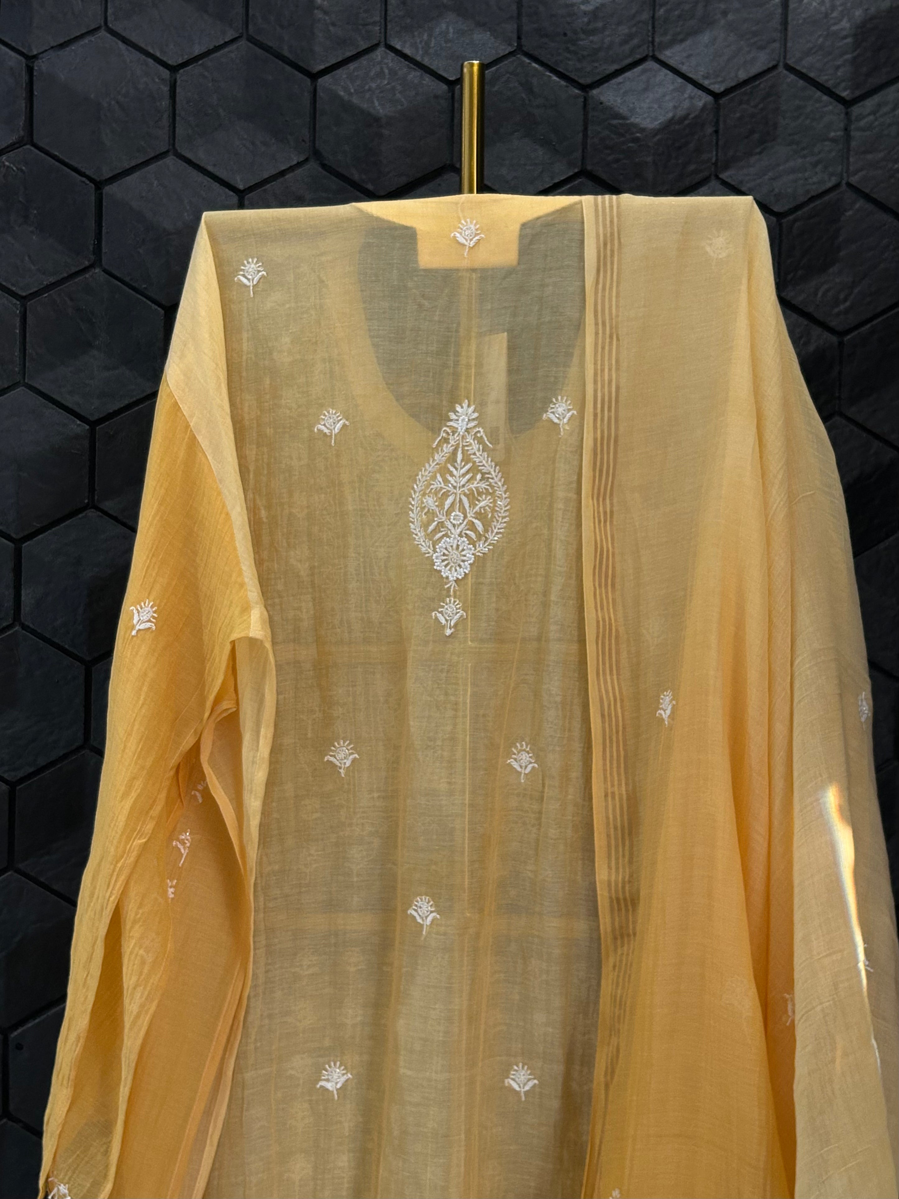 Ombre Mustard Mul Chanderi  Chikankari Kurta Set