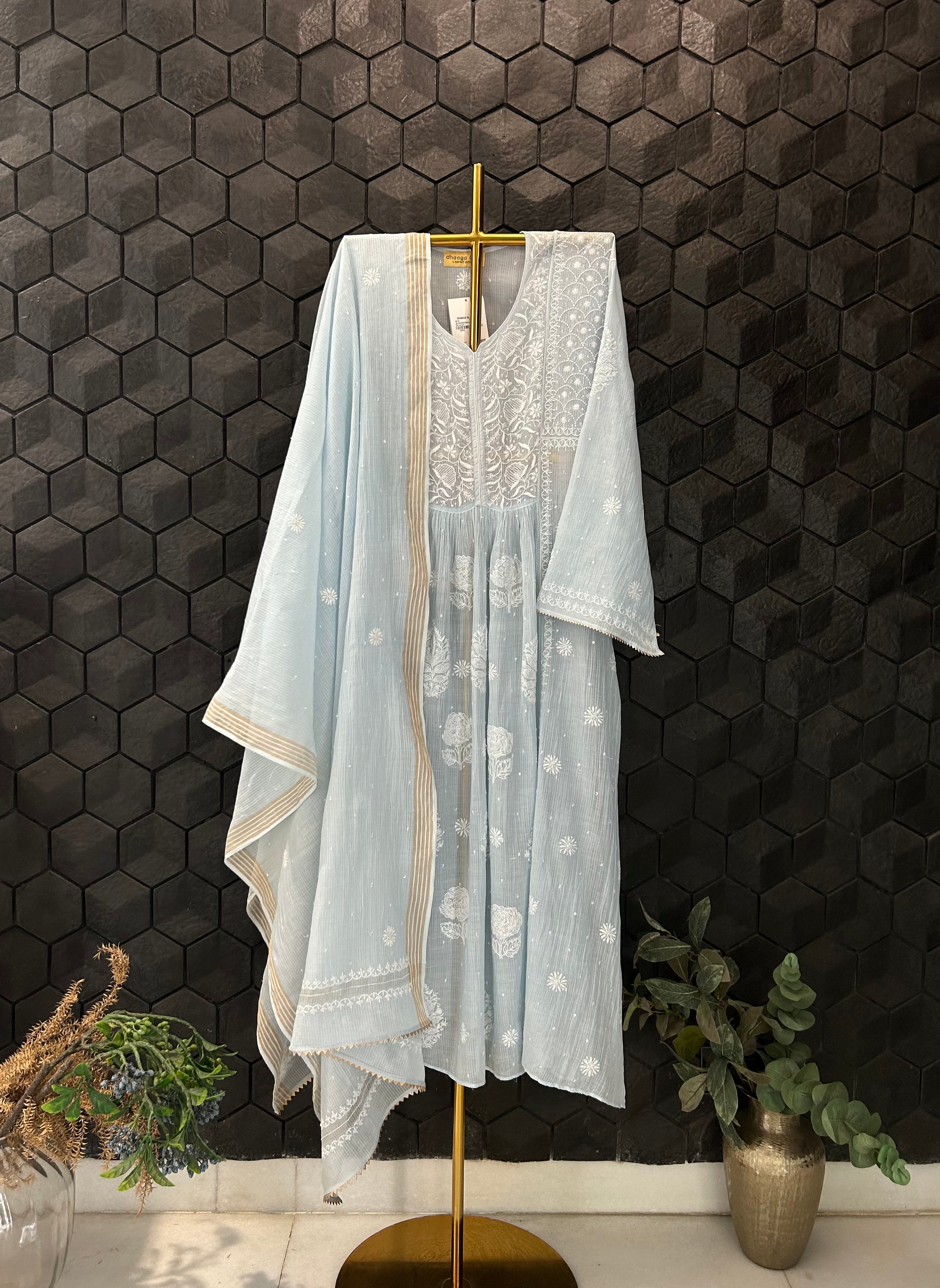 Sky Blue Maheswari Chikankari Kurta Set