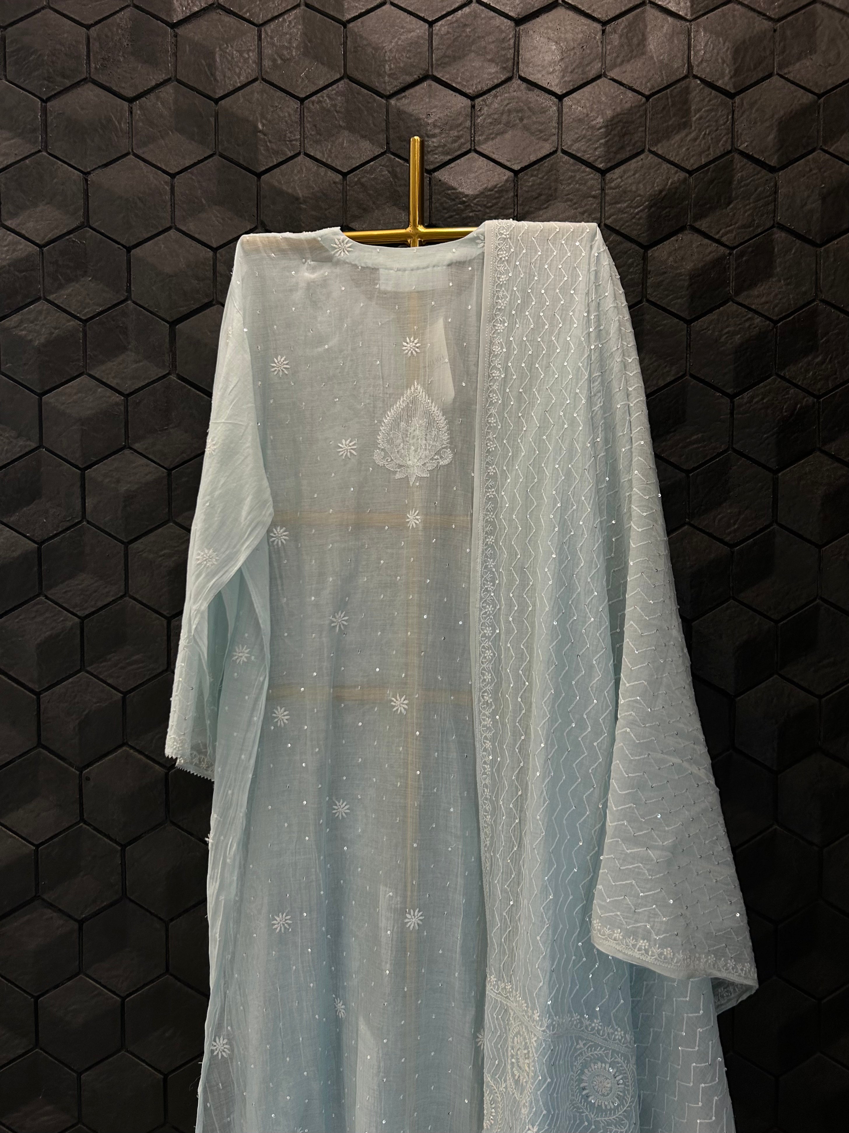 Sea Green Mul Chanderi Chikankari Kurta Set