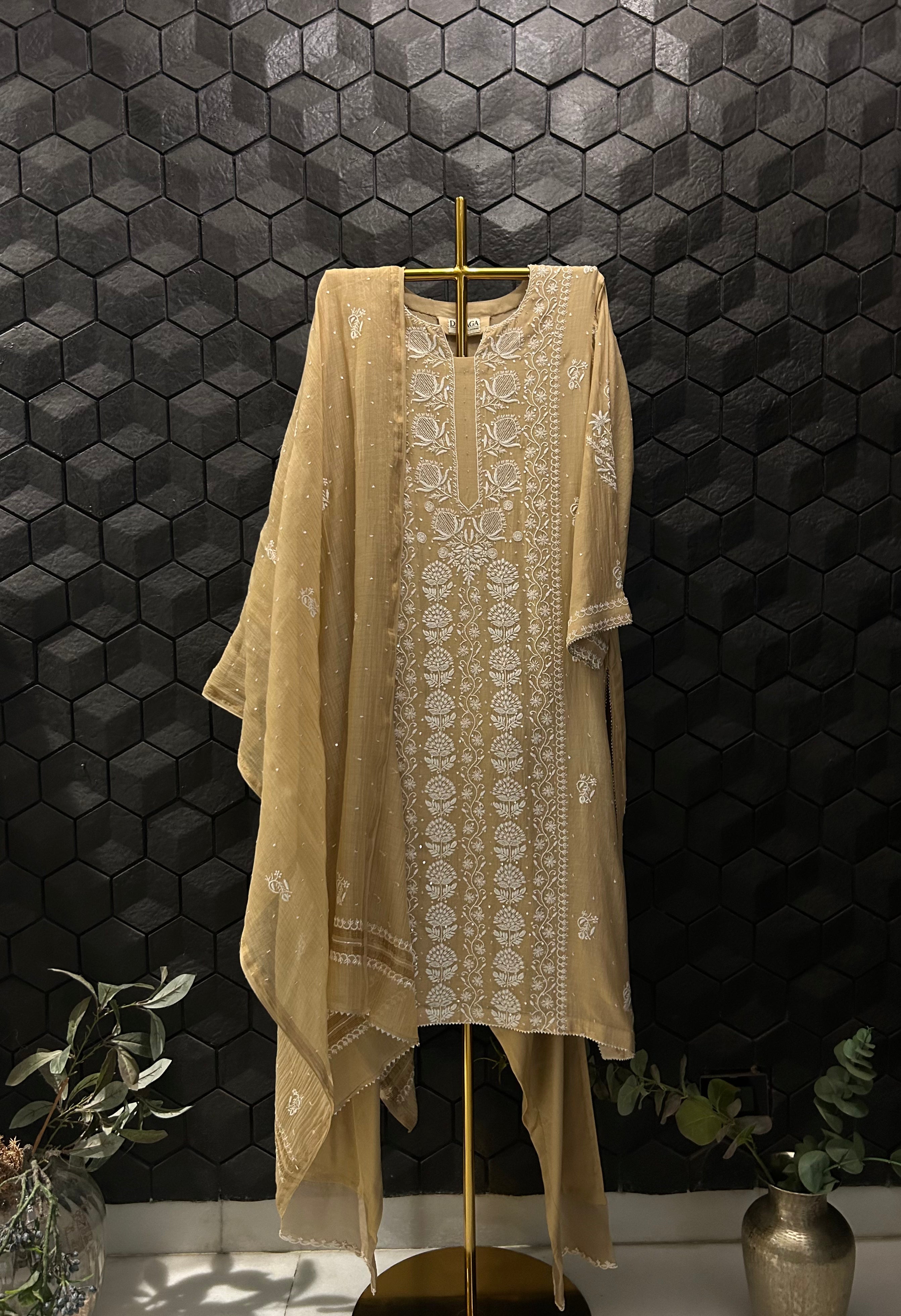 Beige Mul Chanderi Chikankari Suit Set