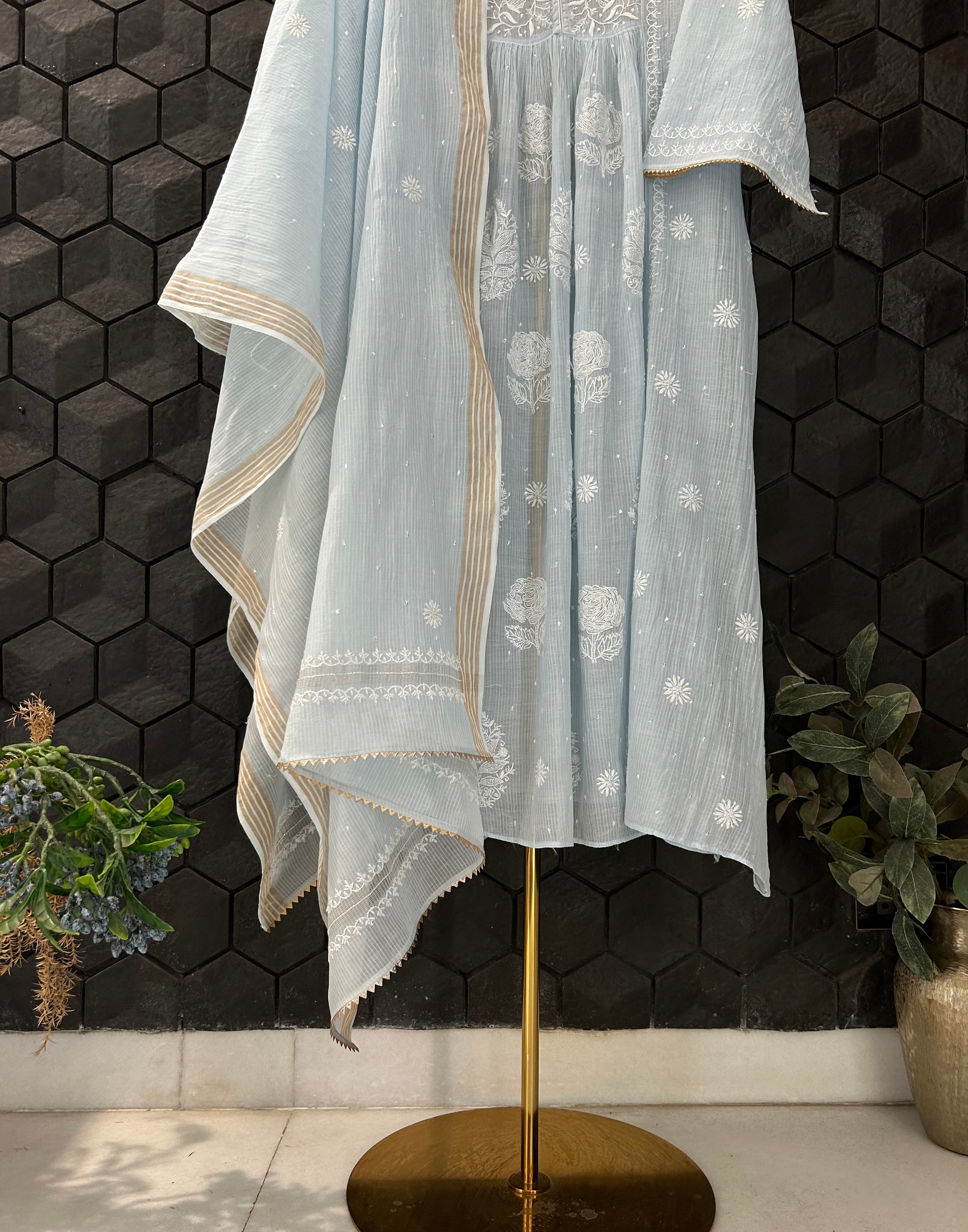 Sky Blue Maheswari Chikankari Kurta Set