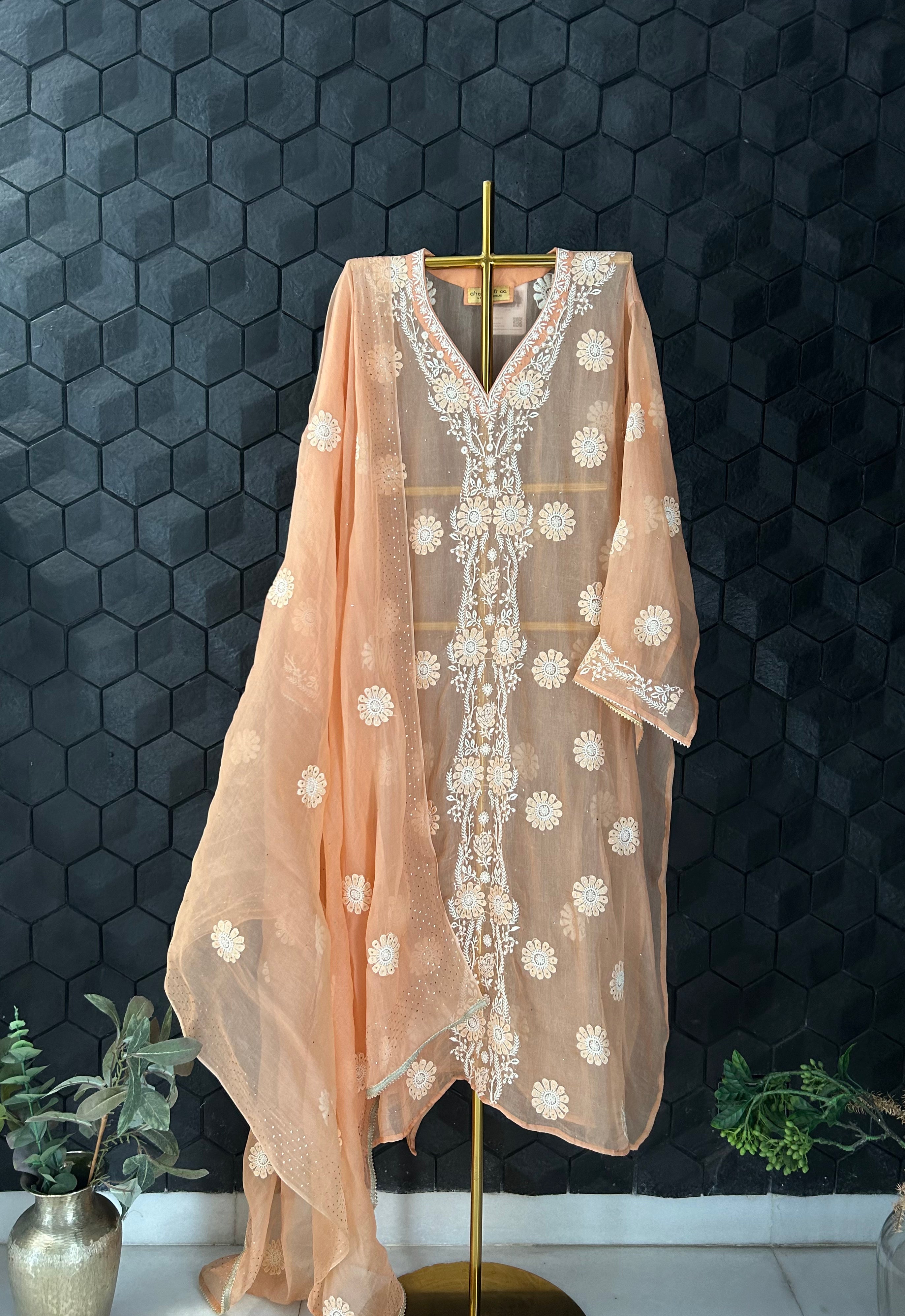 Peach organza Chikankari Suit Set