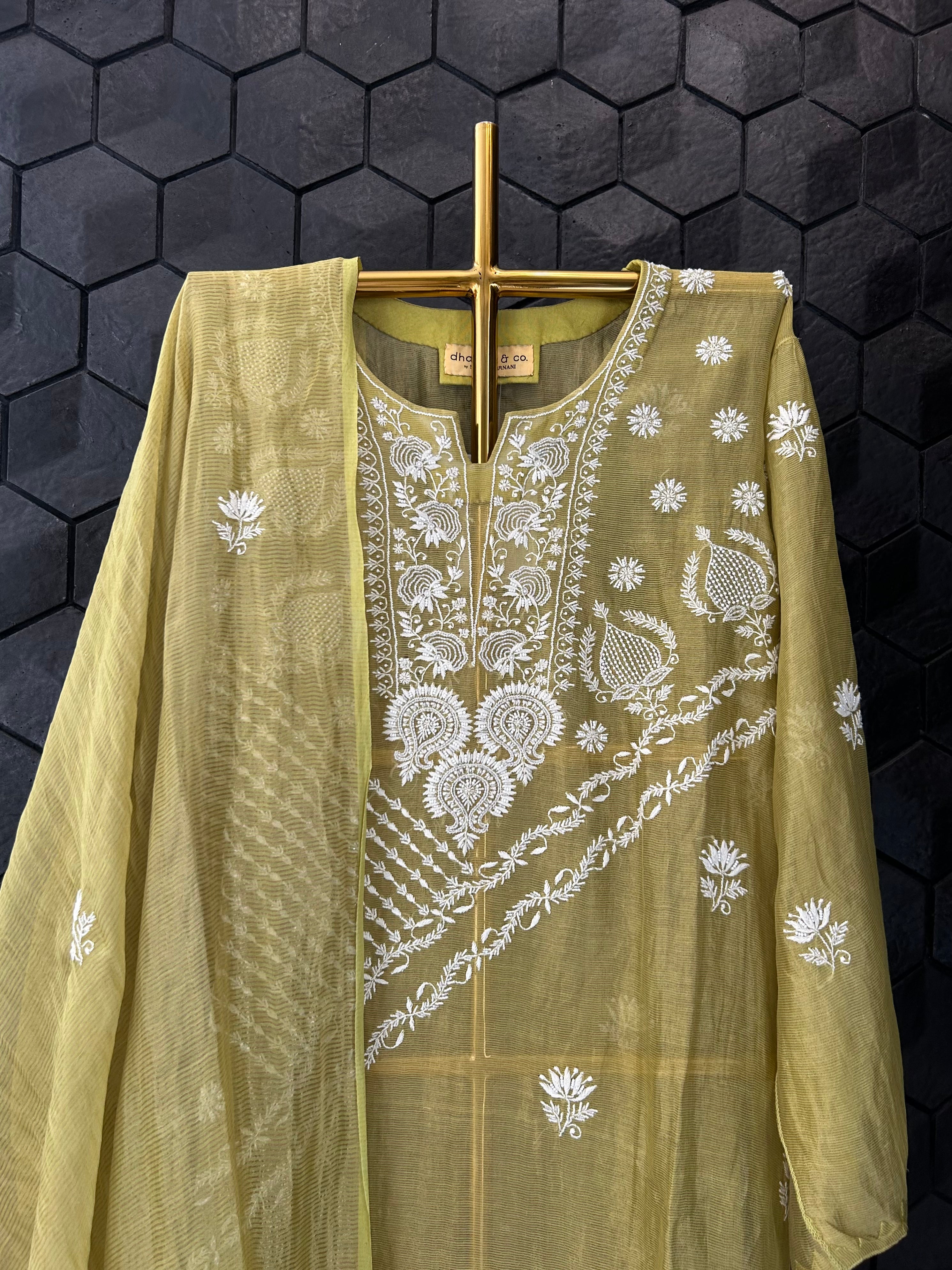 Green Tissue Chikankari Kurta Set