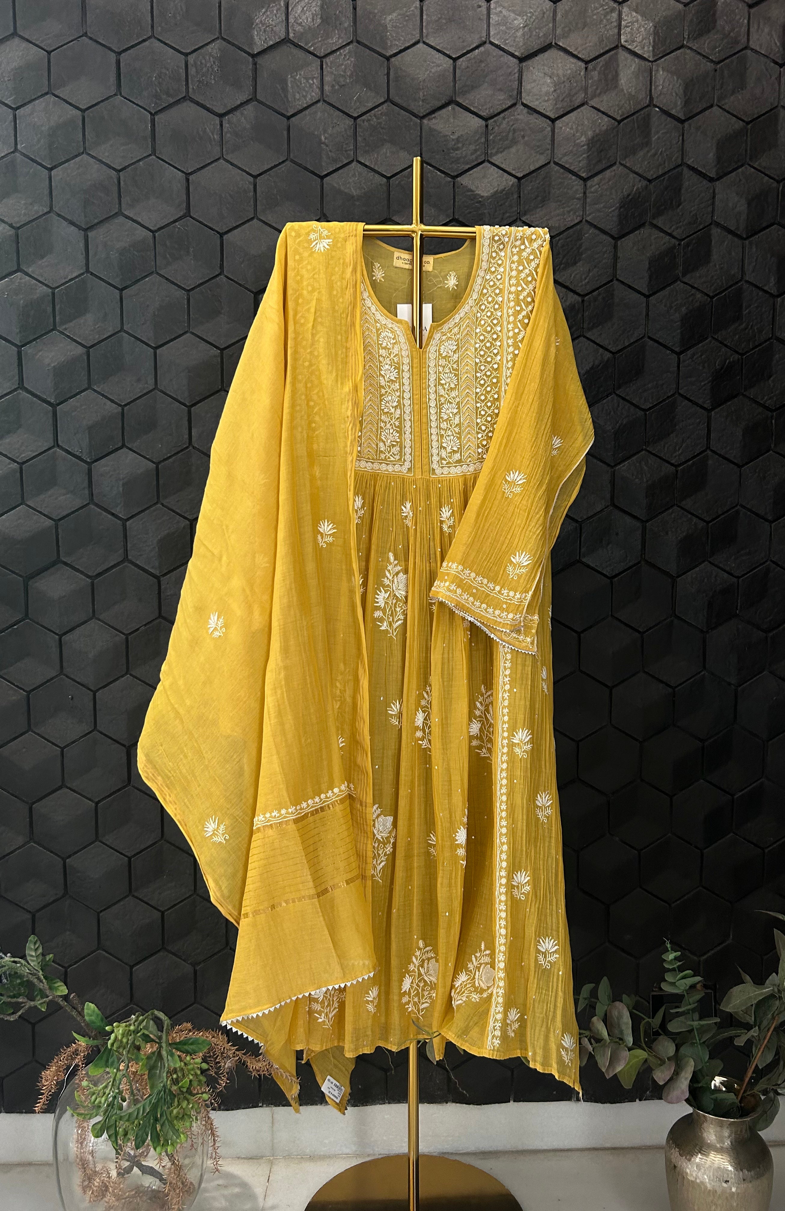 Mustard Mul Chanderi Chikankari Angarkha  Kurta Set