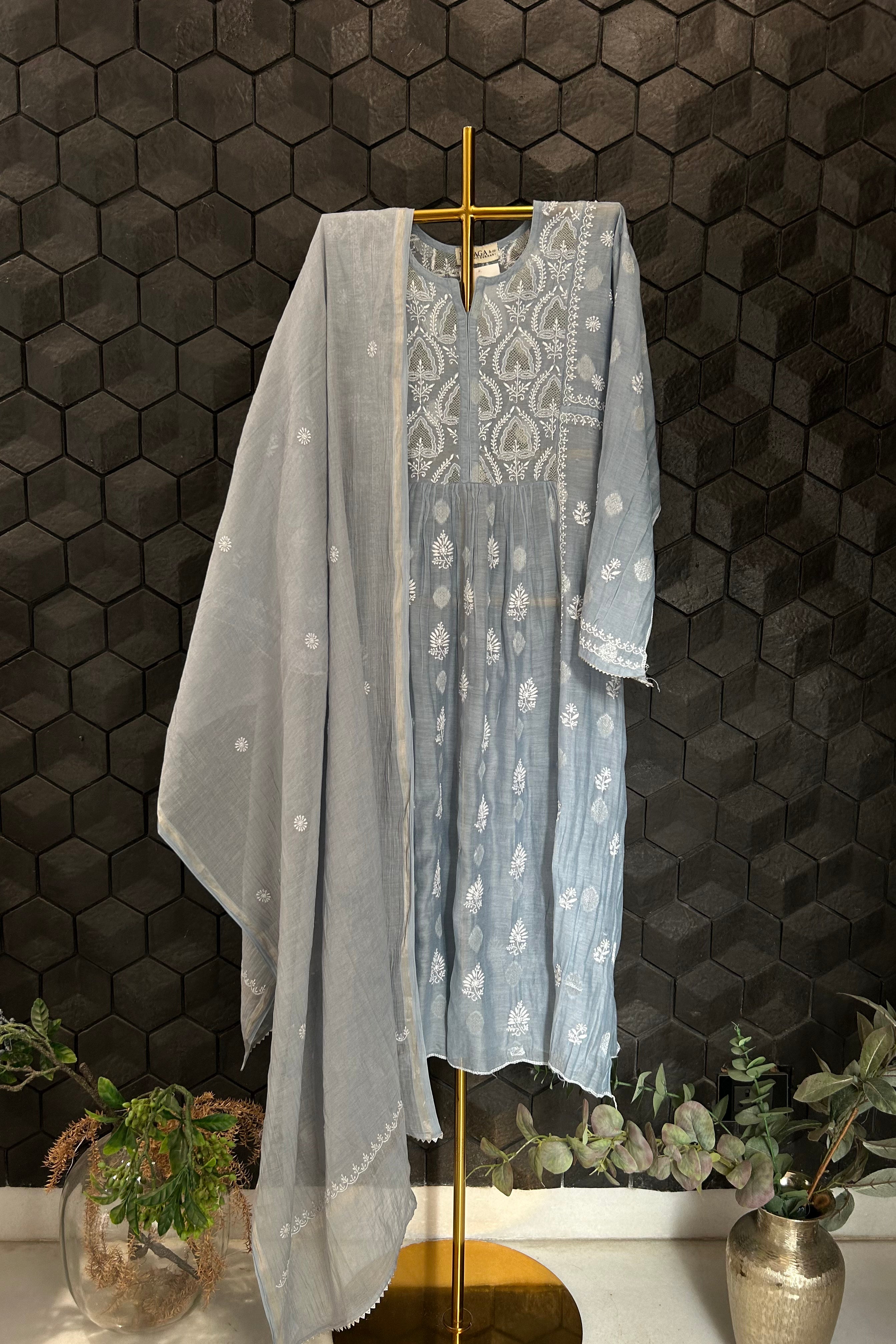 Blue Chanderi Chikankari Kurta Set