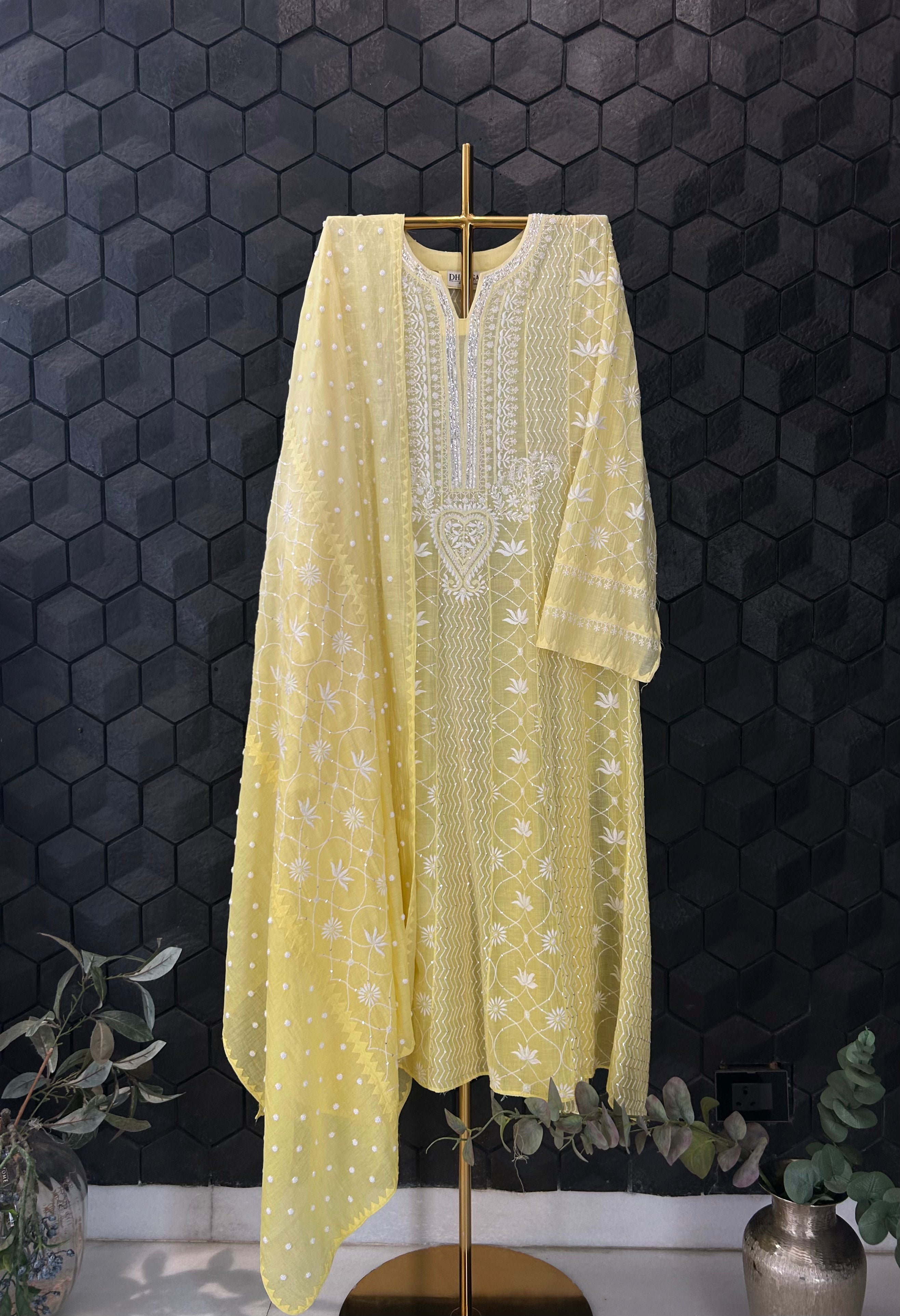 Lime Green Mul Chanderi Chikankari Anarkali Set
