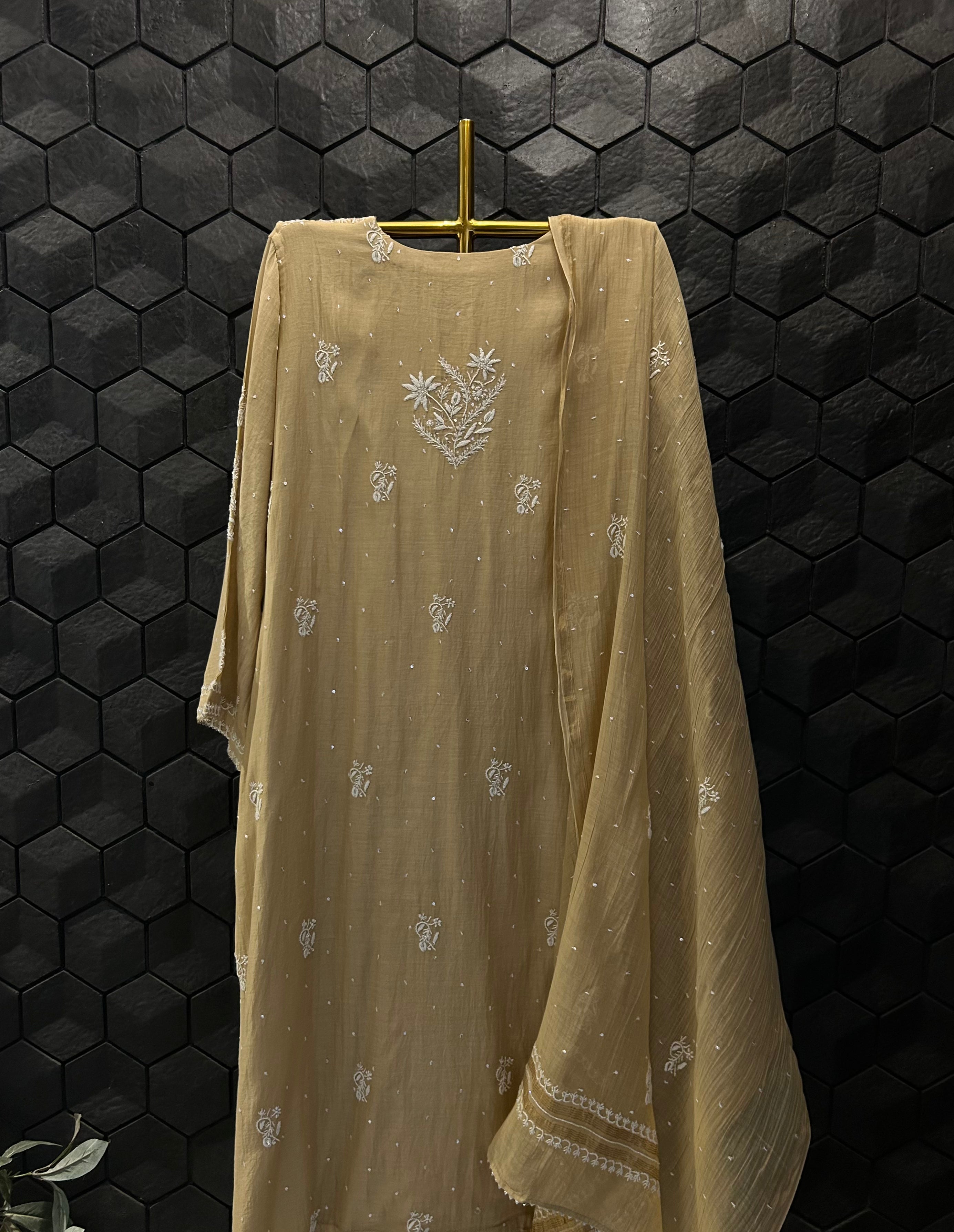 Beige Mul Chanderi Chikankari Suit Set