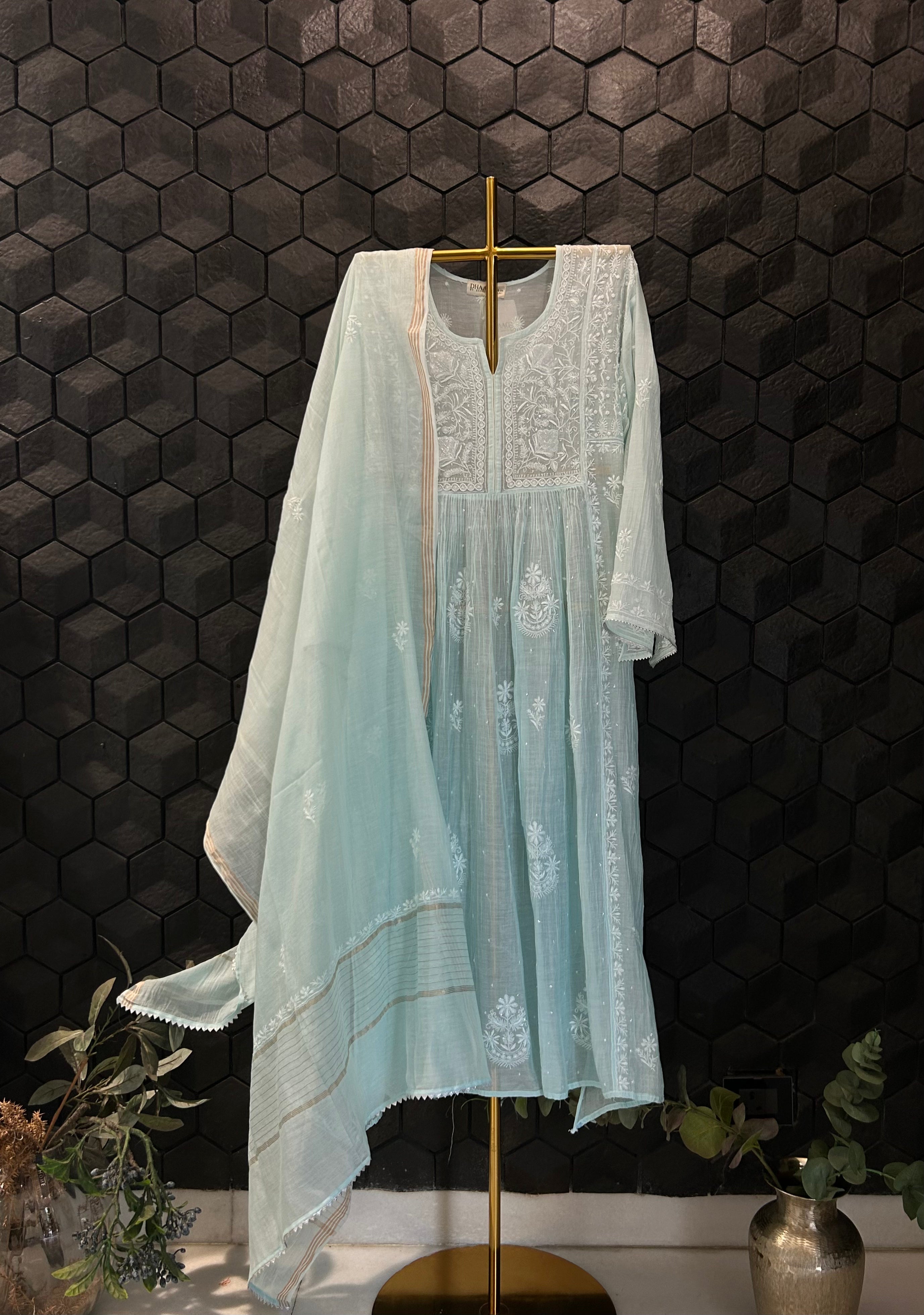 Sea Green Mul Chanderi Chikankari Kurta Set