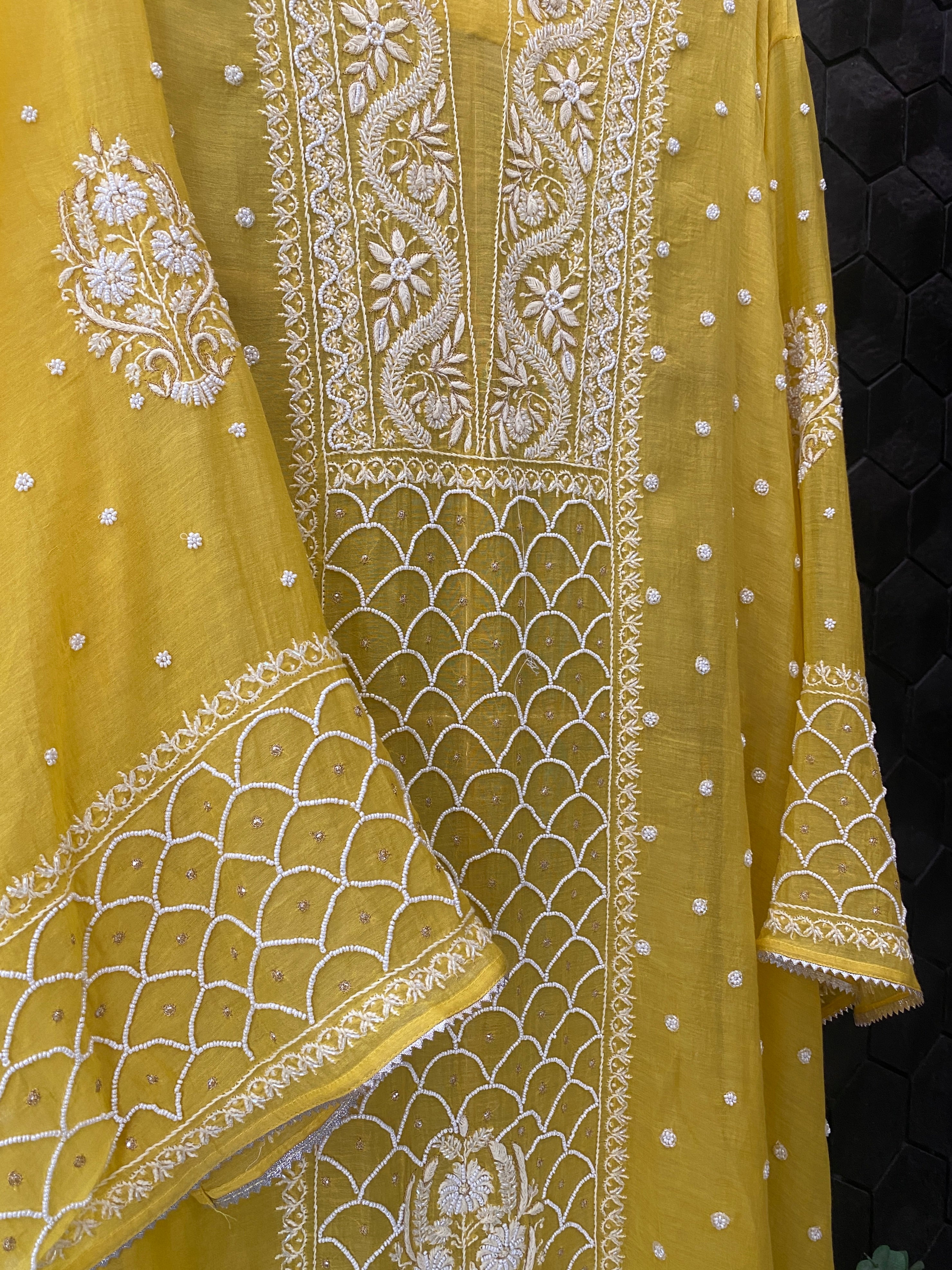 Yellow Tissue Chikankari Kurta Set