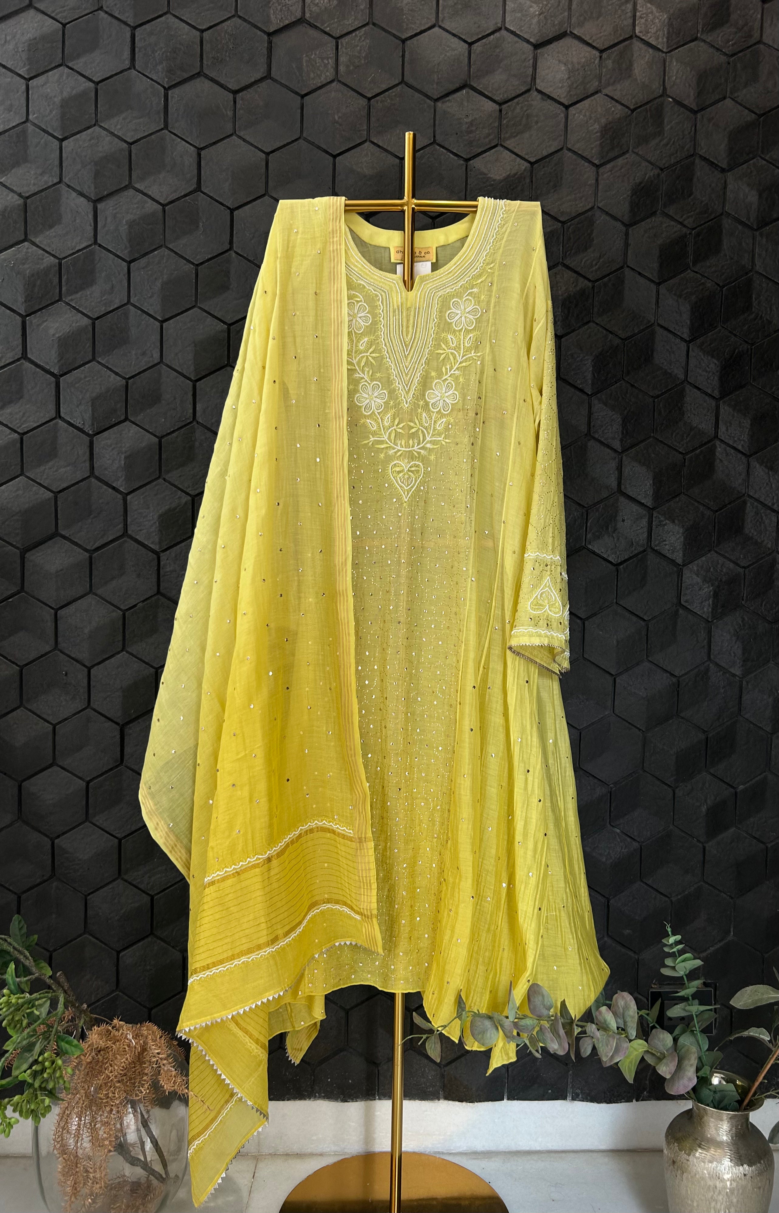 Lime Green Mul Chanderi Chikankari Kurta Set