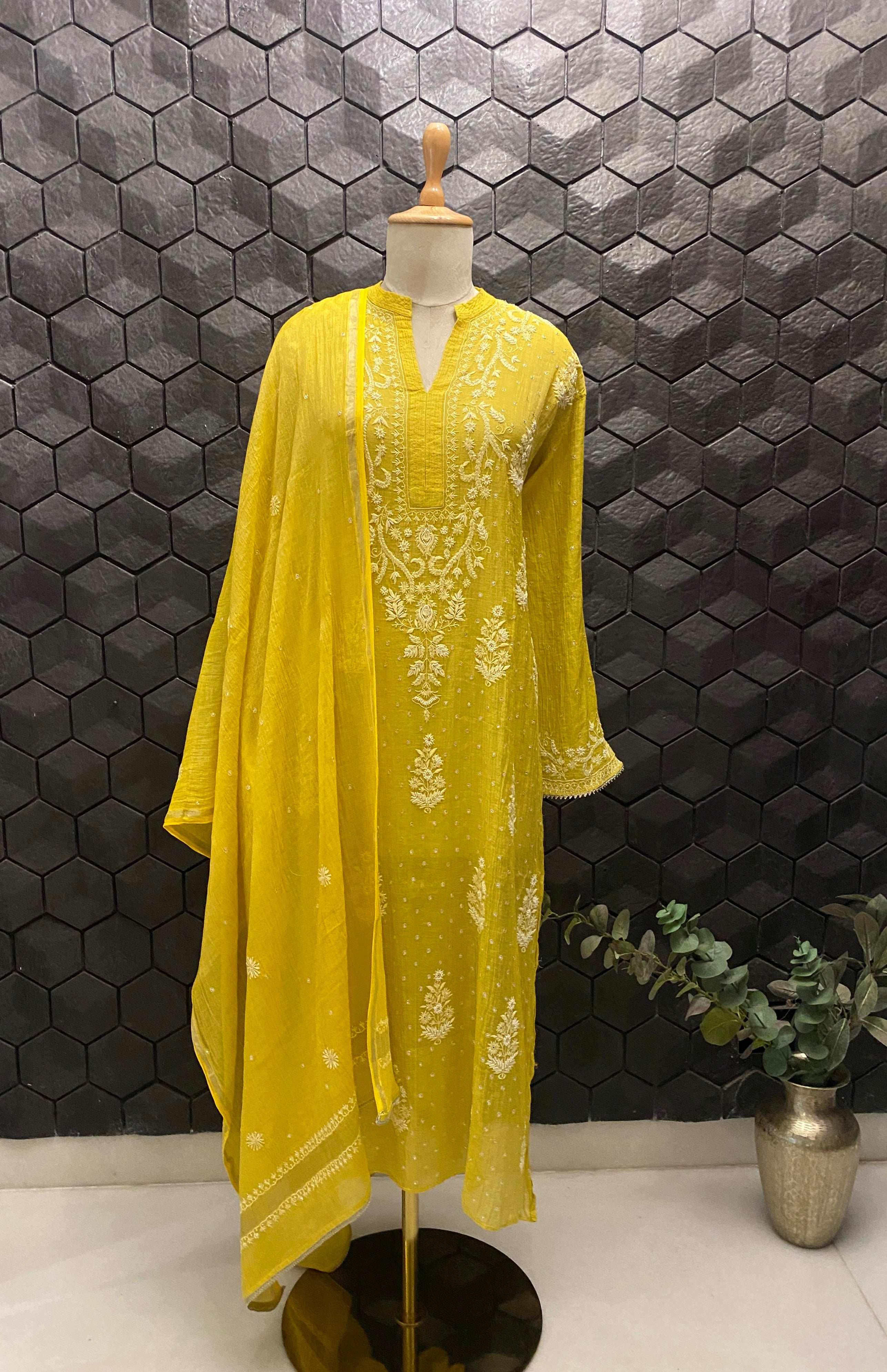 Yellow Tissue Chikankari Kurta Set