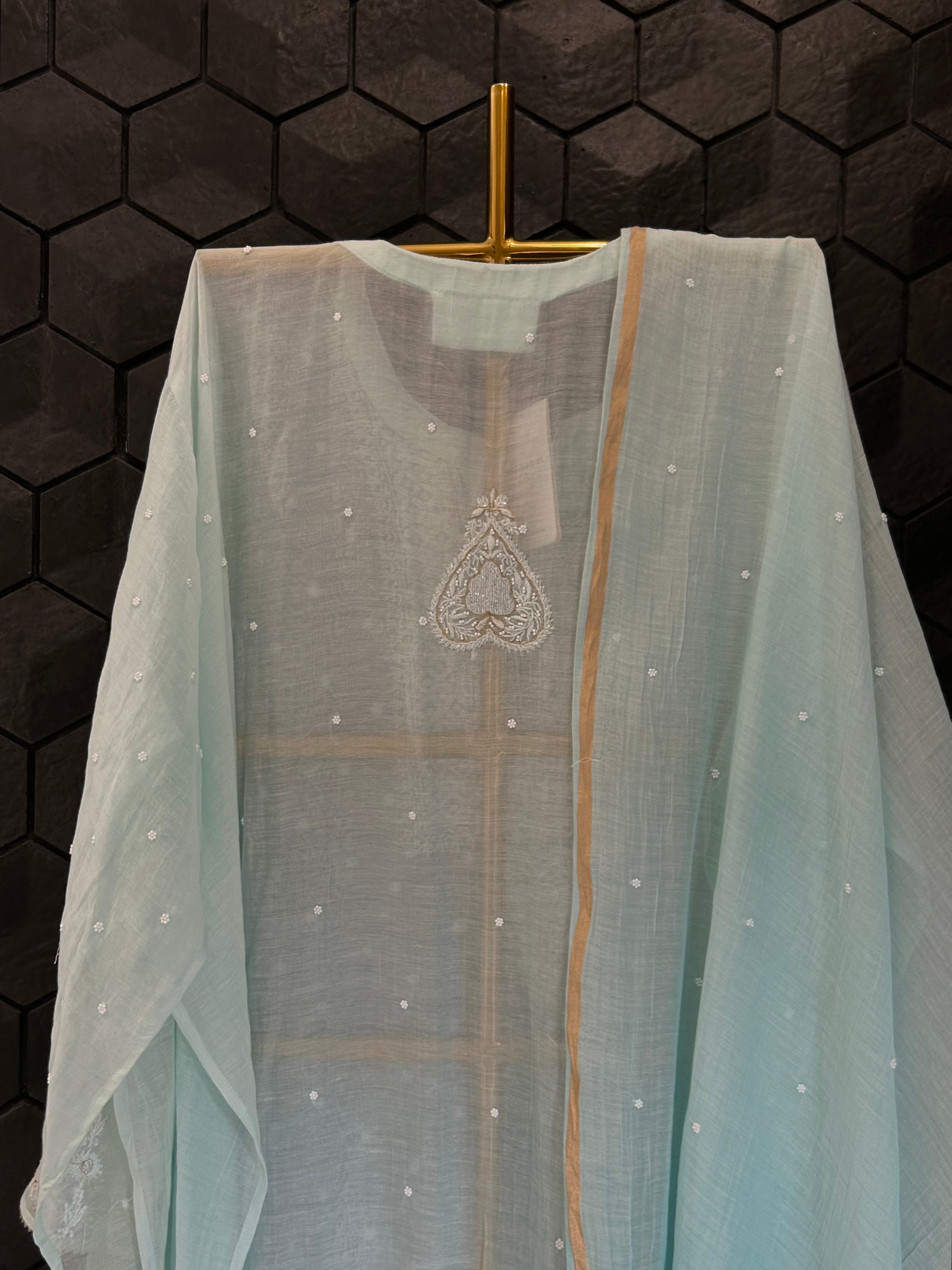 Sea Green Mul Chanderi Chikankari Kurta Set