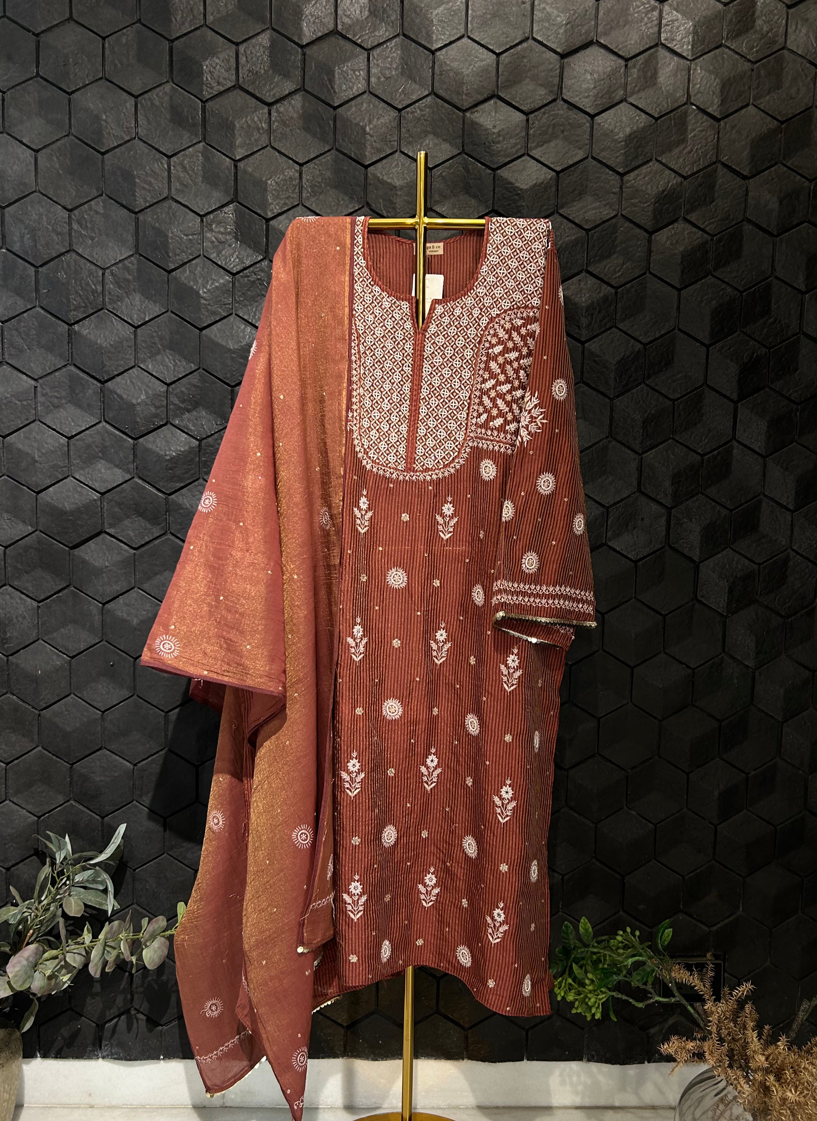 Maroon Zari Stripped Tissue&nbsp; Chikankari Kurta Set