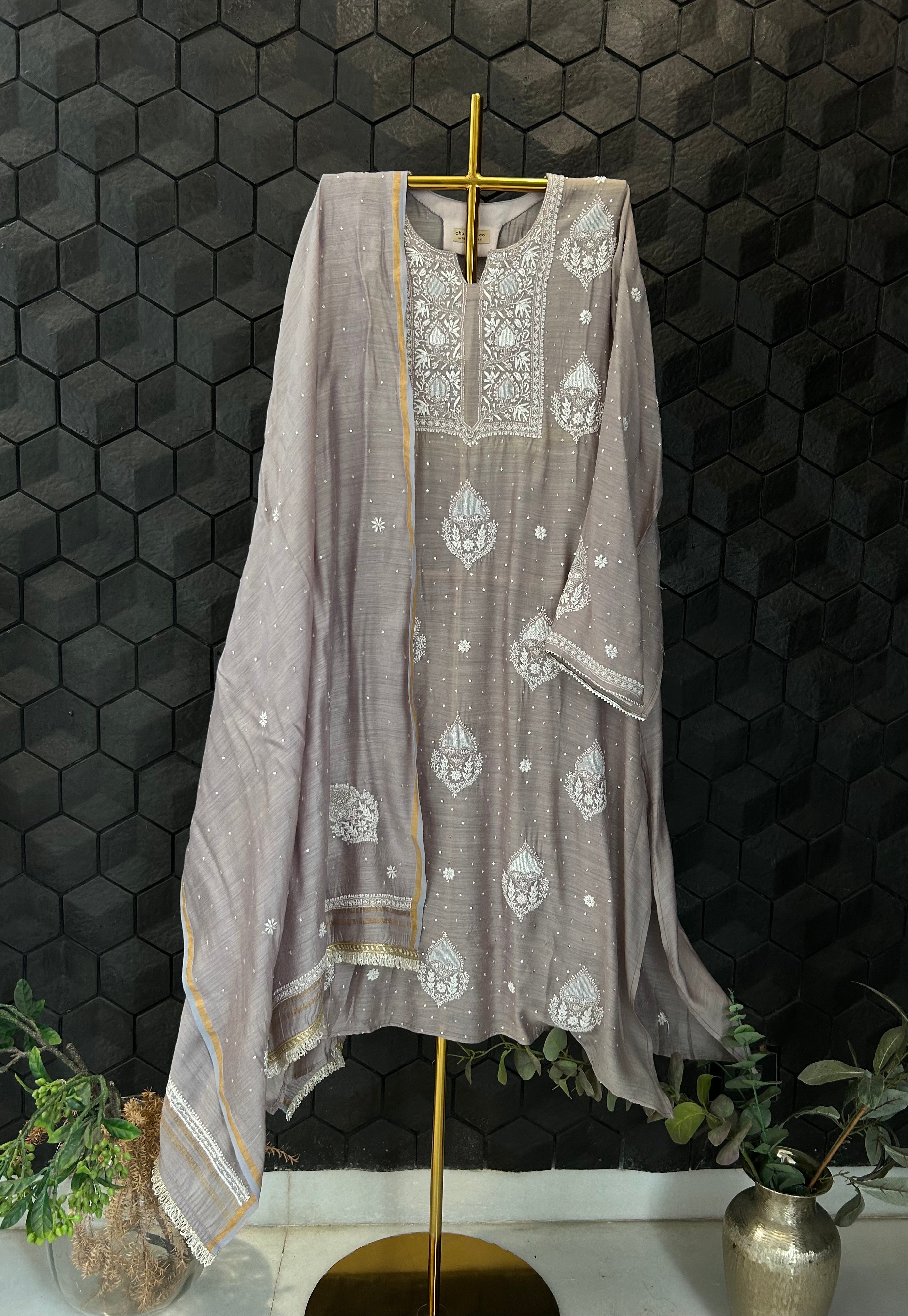 Grey chikankari munga silk suit set with dupatta