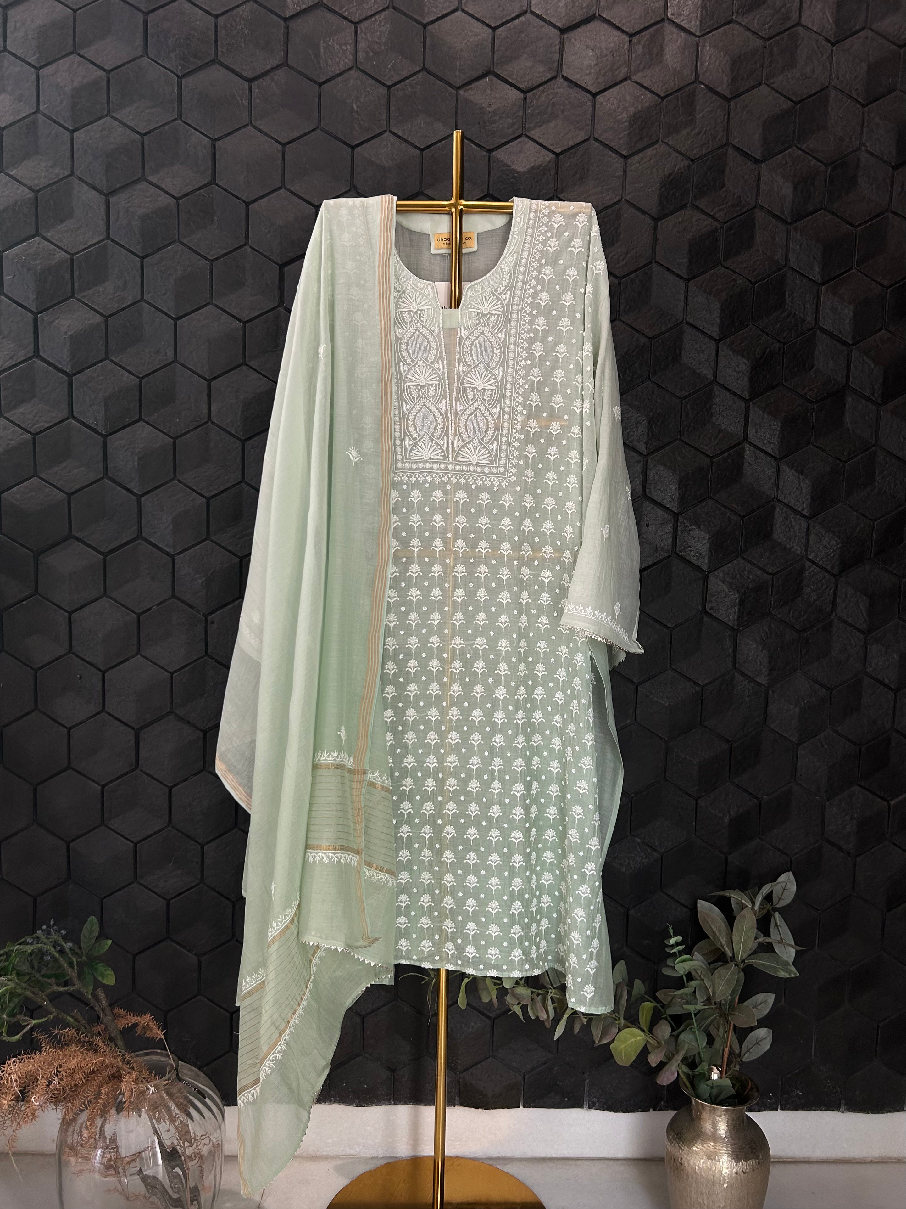 Sage Green Mul Chanderi Chikankari Kurta Set