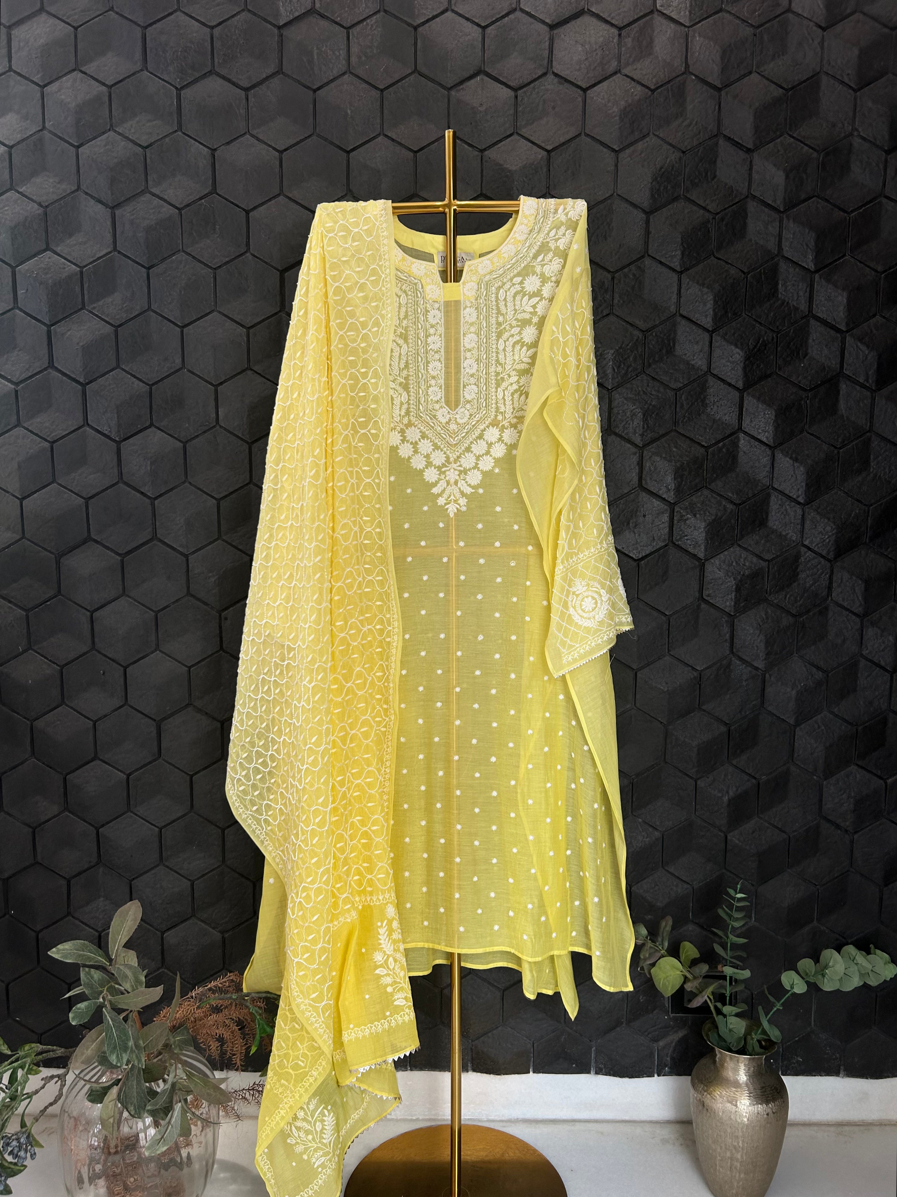Green Mul Chanderi Chikankari kurta Set