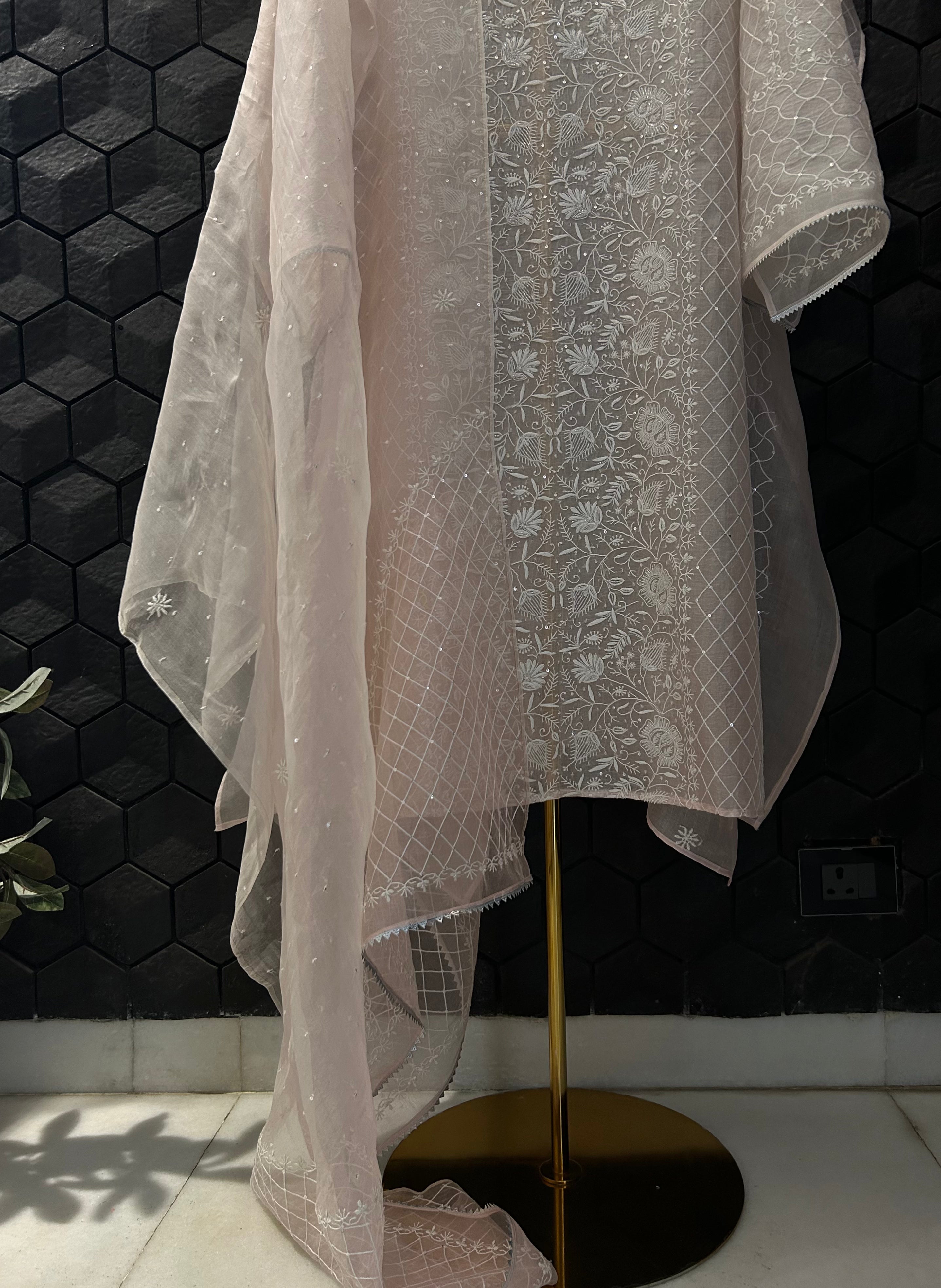 Pink organza chikankari kurta set