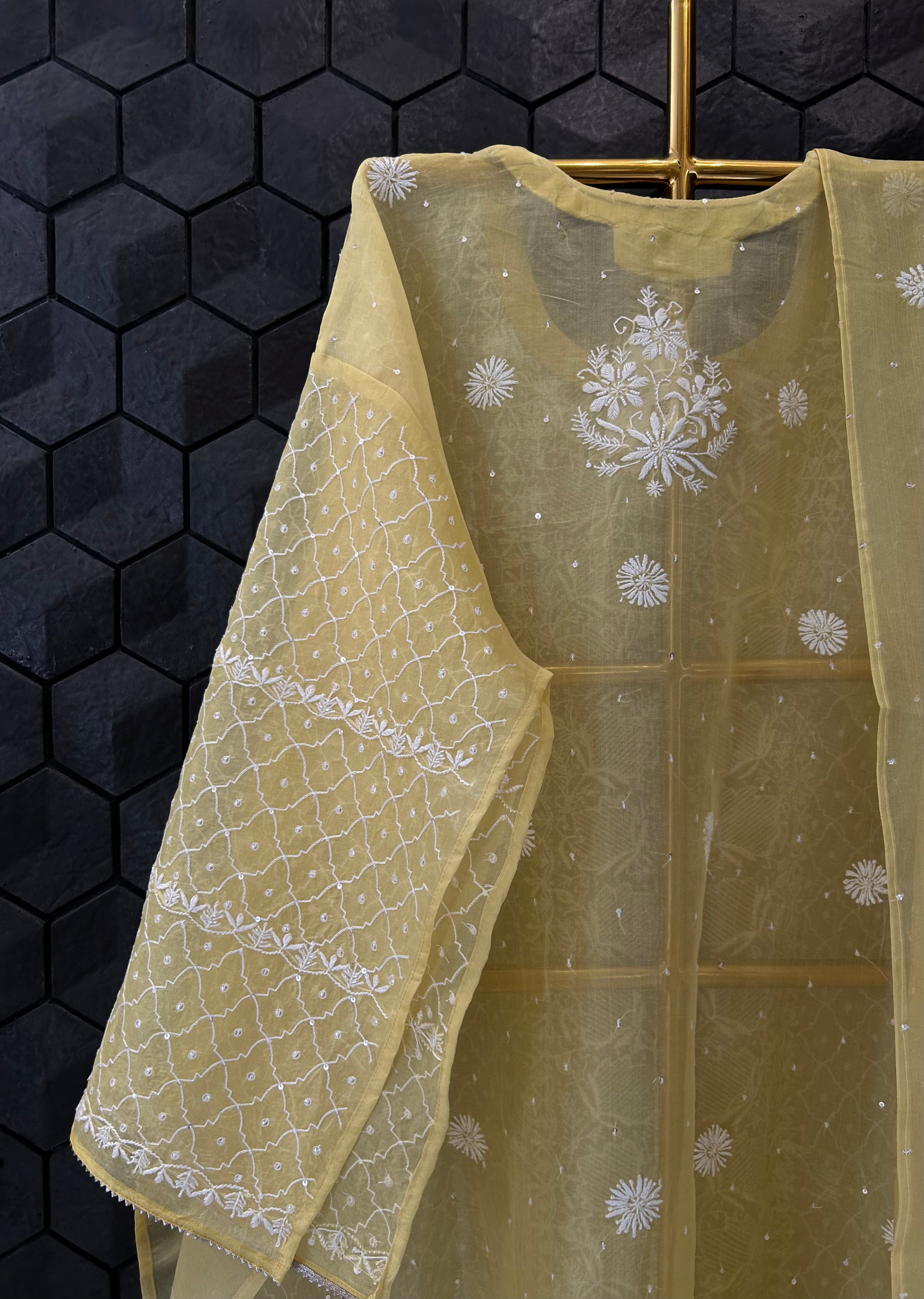 Yellow Organza Chikankari Suit Set