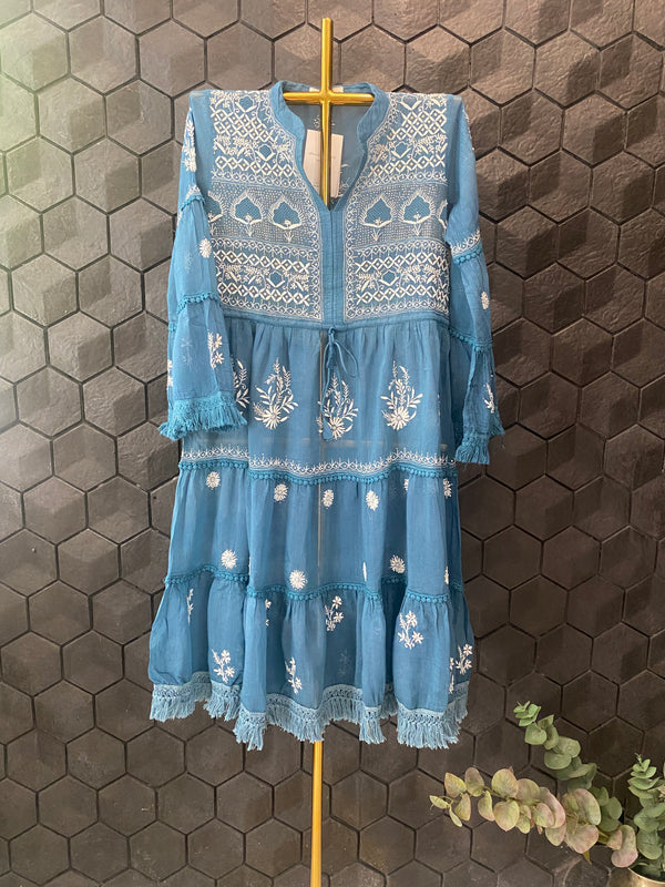 Cobalt Blue Chanderi Chikankari Dress