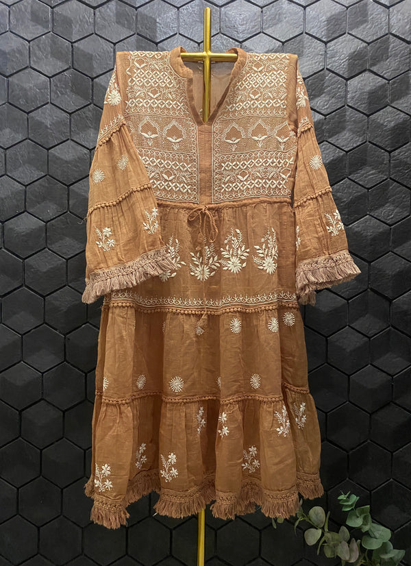Brown Chanderi Chikankari Dress