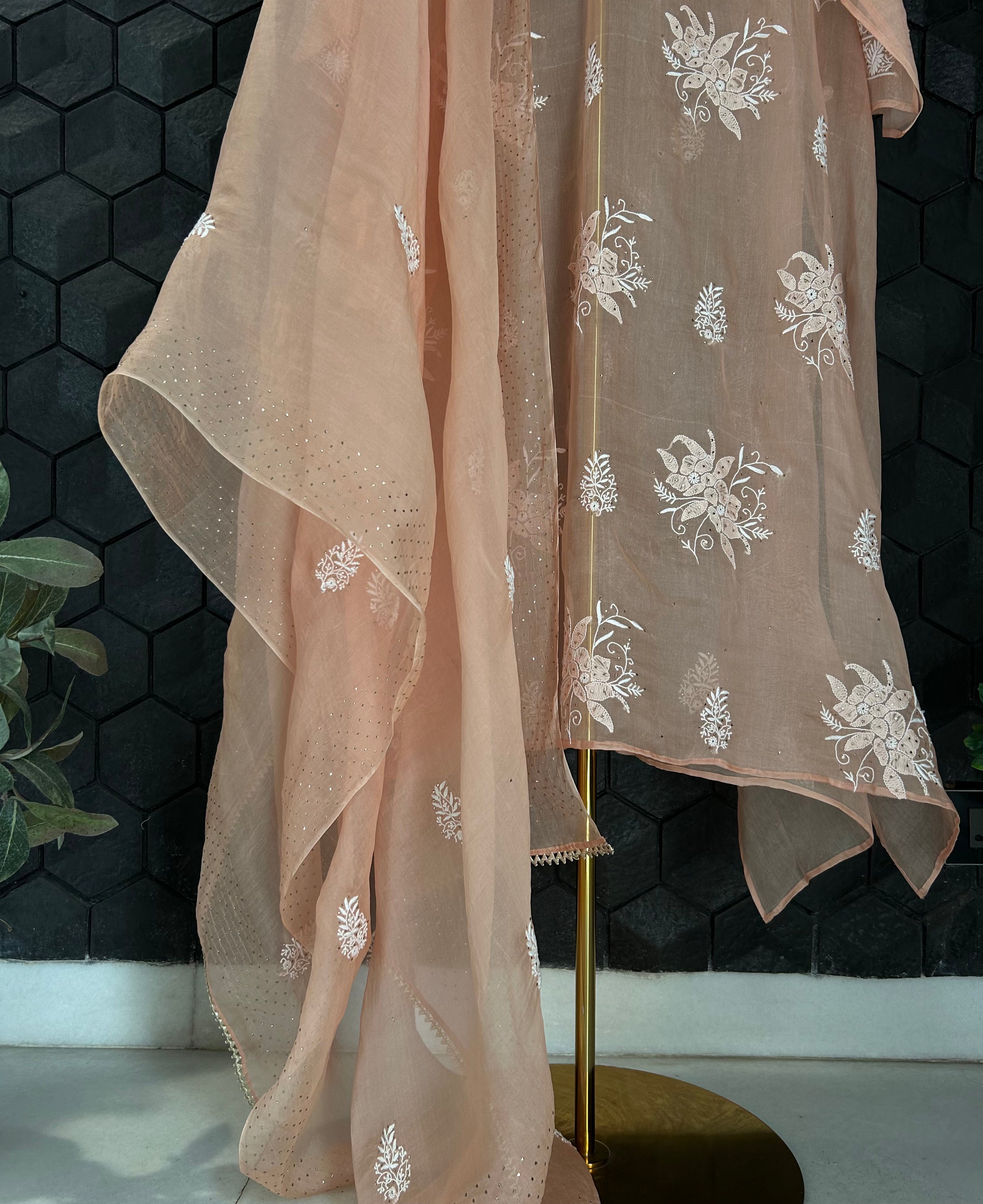 Peach Organza Chikankari Suit Set