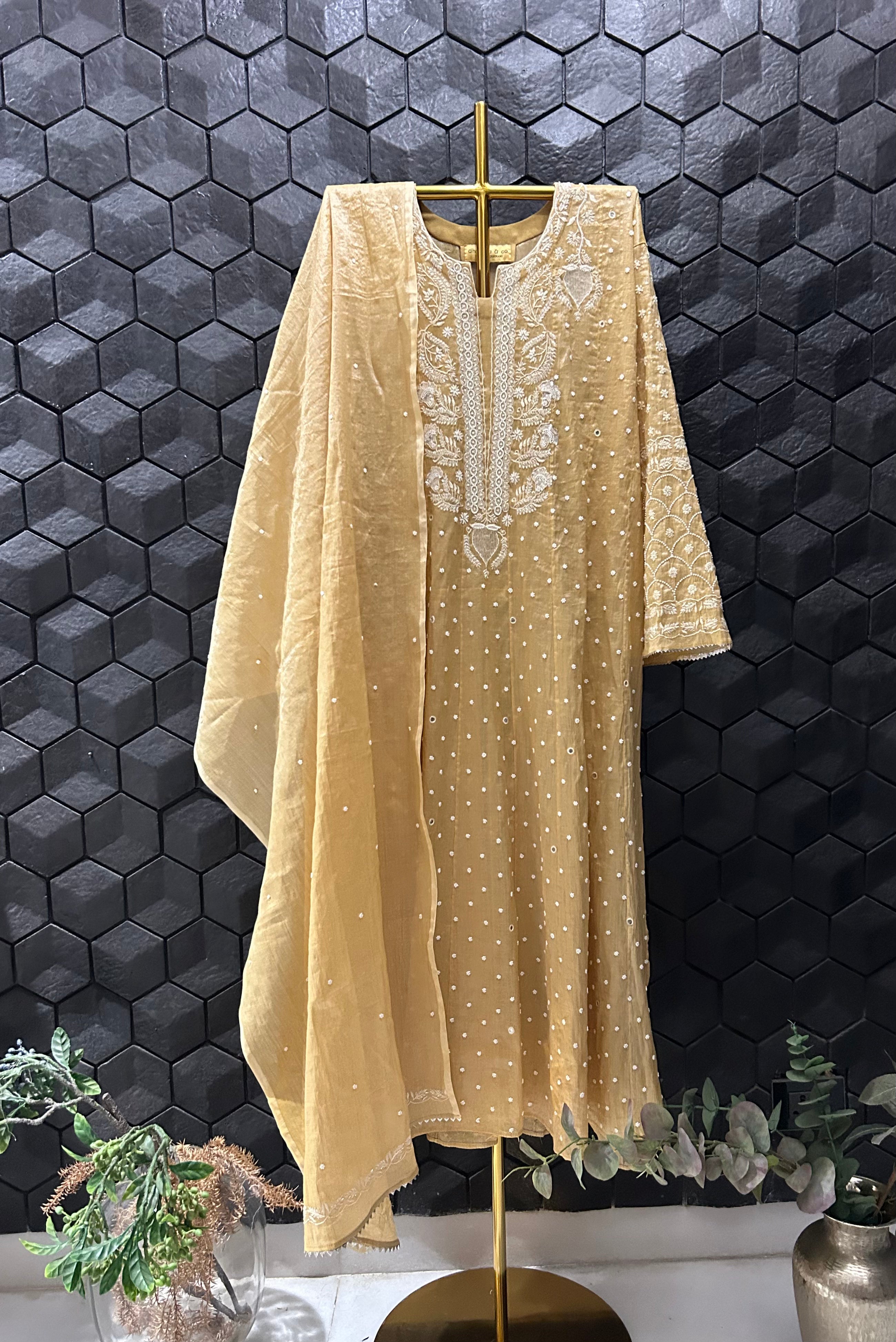 Mustard Tissue Chikankari Anarkali Set