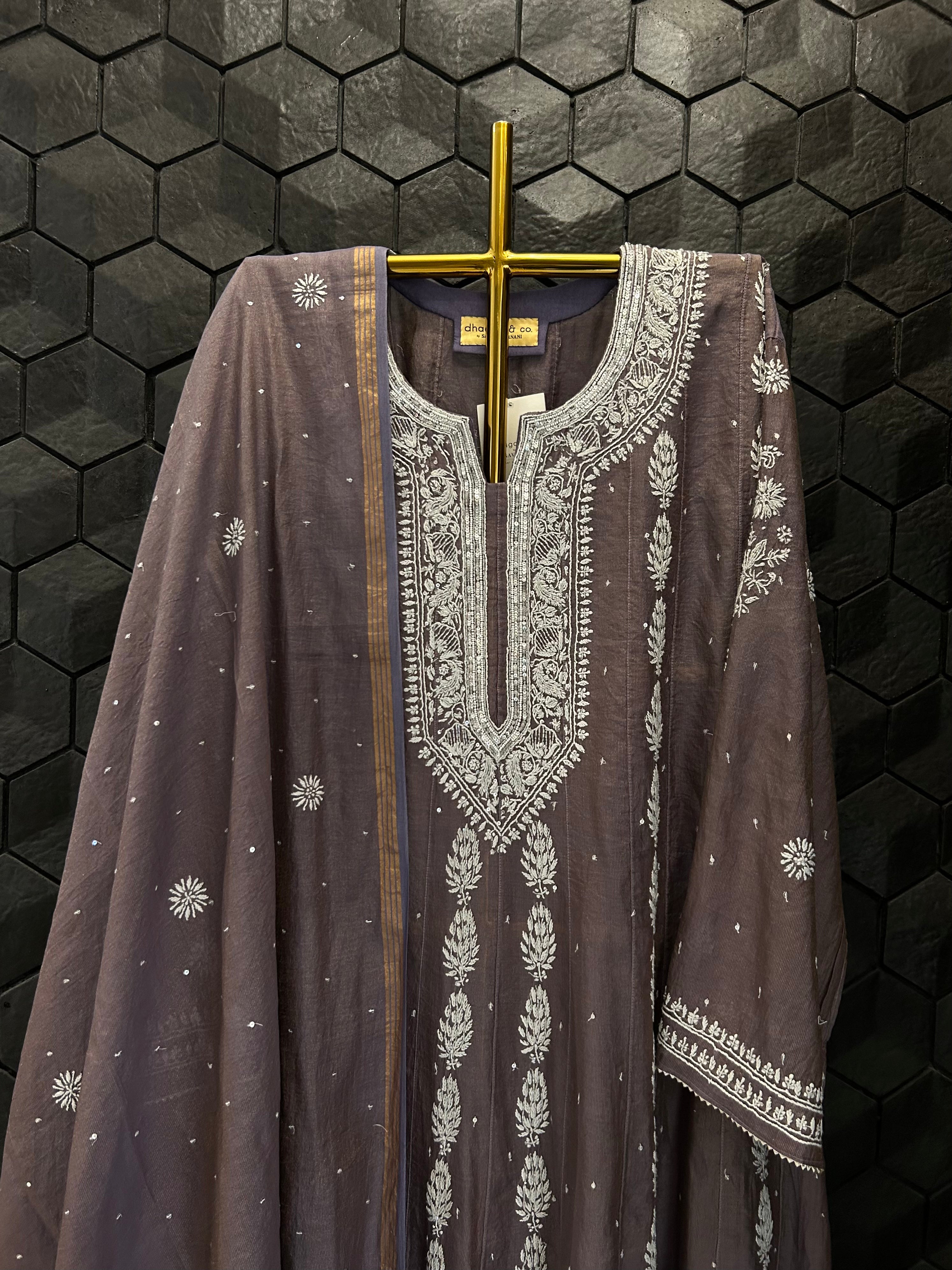 New Purple Tissue Chikankari Anarkali Set