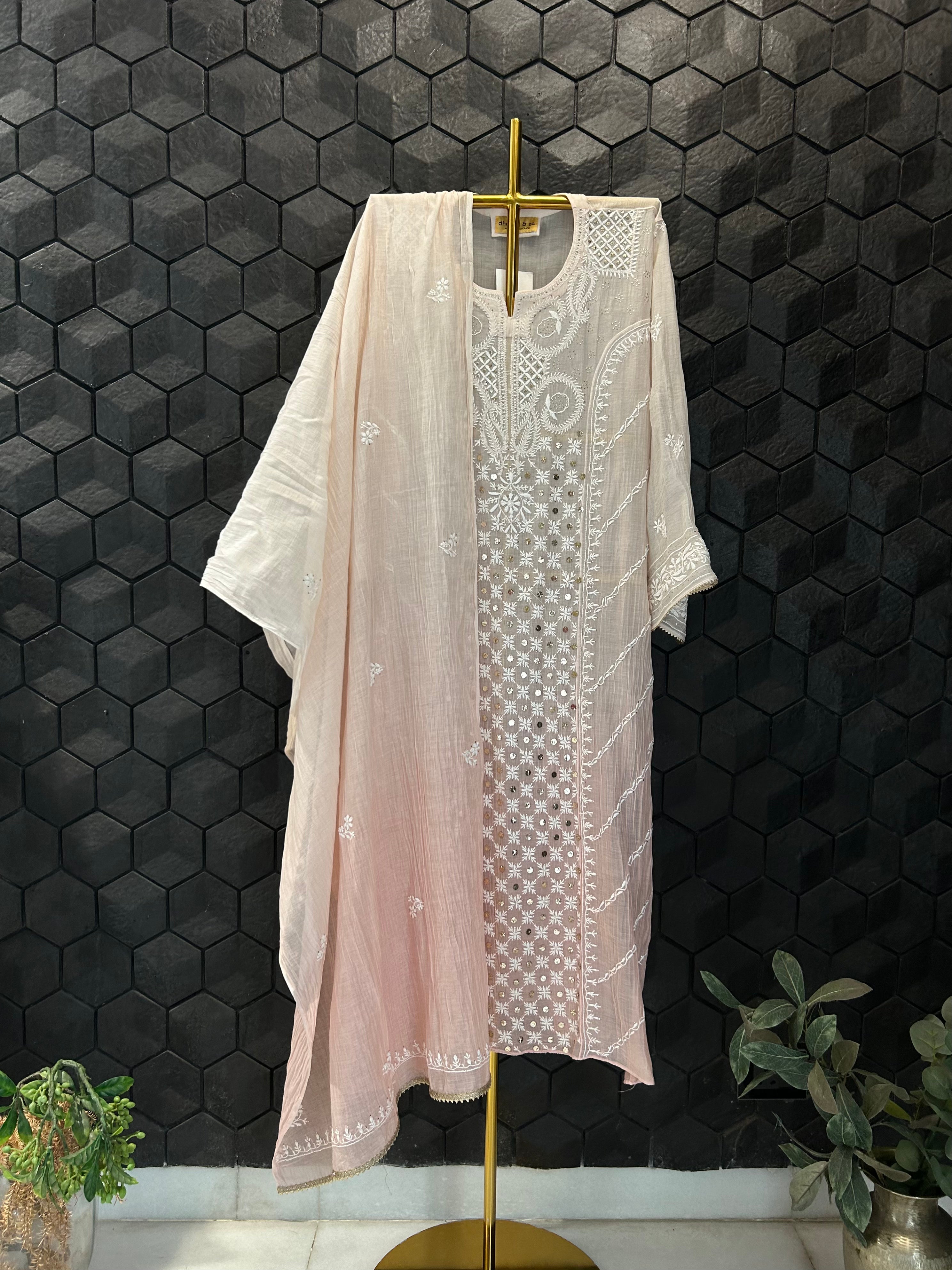 Pink Ombre  Mul Chanderi Chikankari And Mukaish Kurta Set