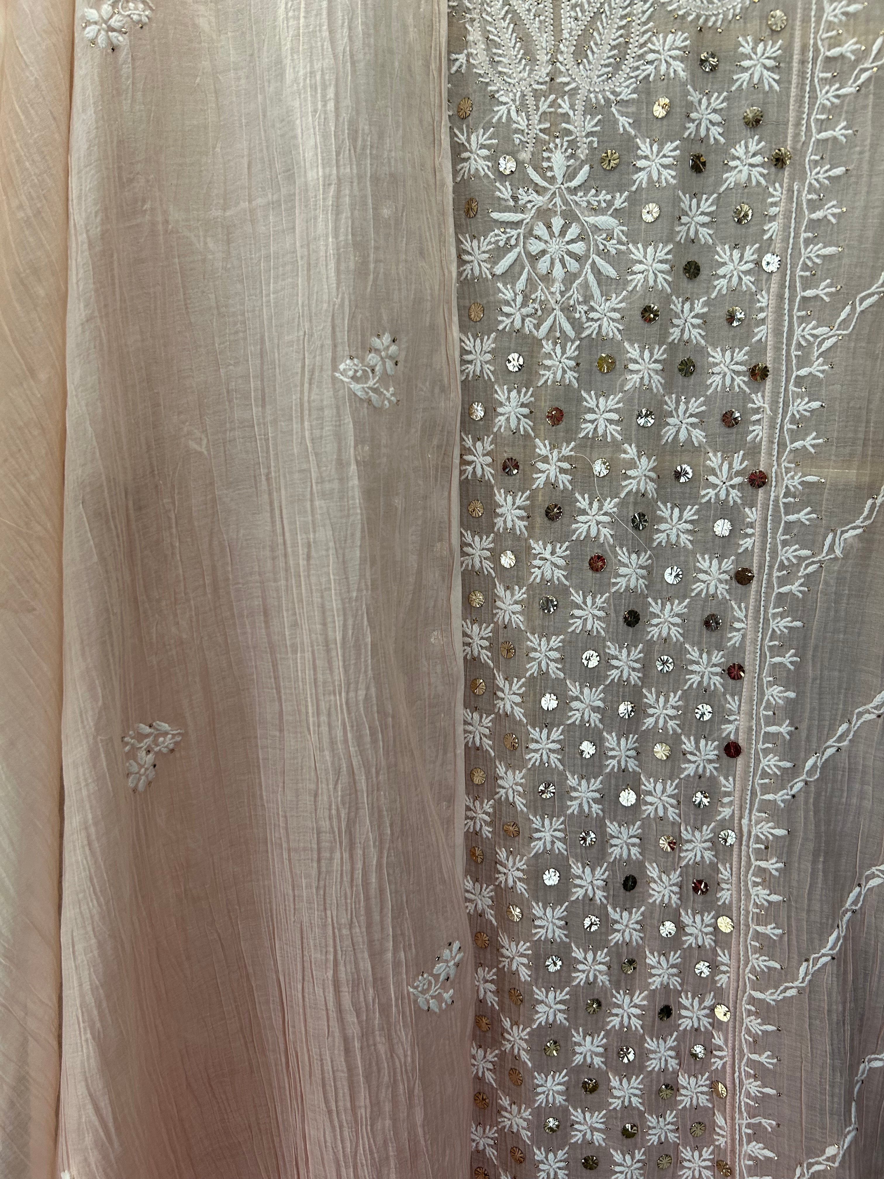 Pink Ombre  Mul Chanderi Chikankari And Mukaish Kurta Set