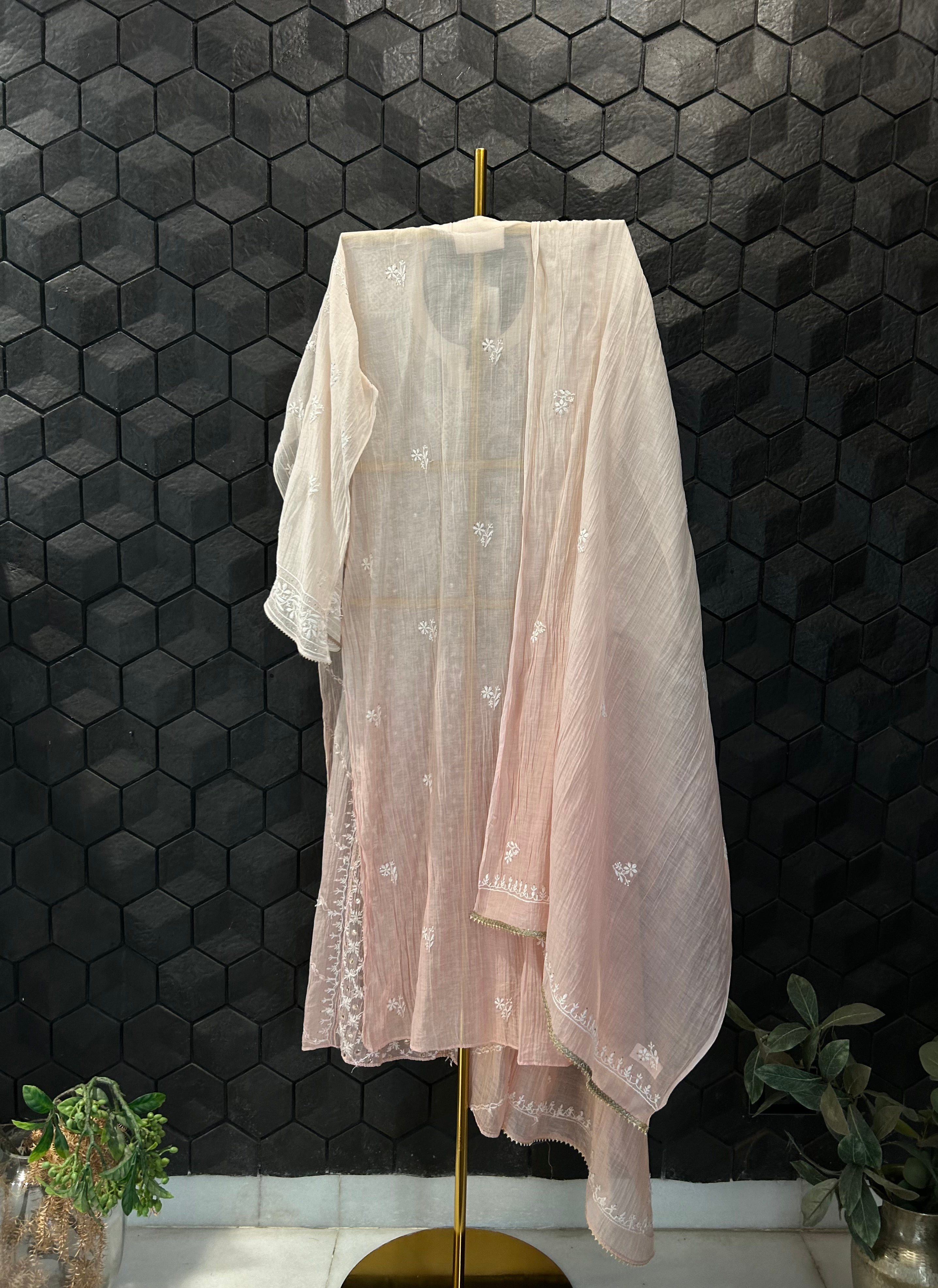 Pink Ombre  Mul Chanderi Chikankari And Mukaish Kurta Set