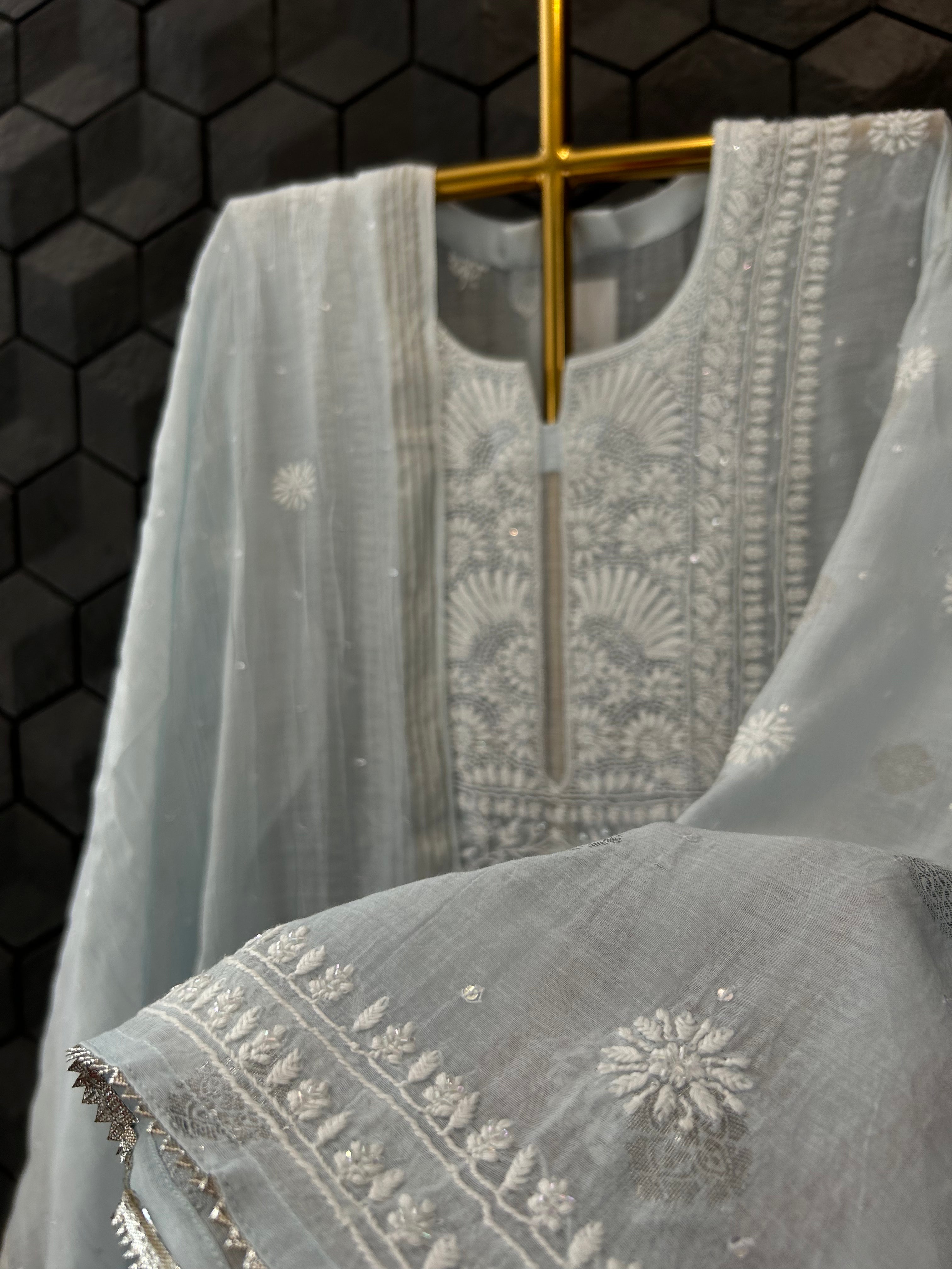 Powder Blue Ombre Mul Chanderi Chikankari Kurta Set