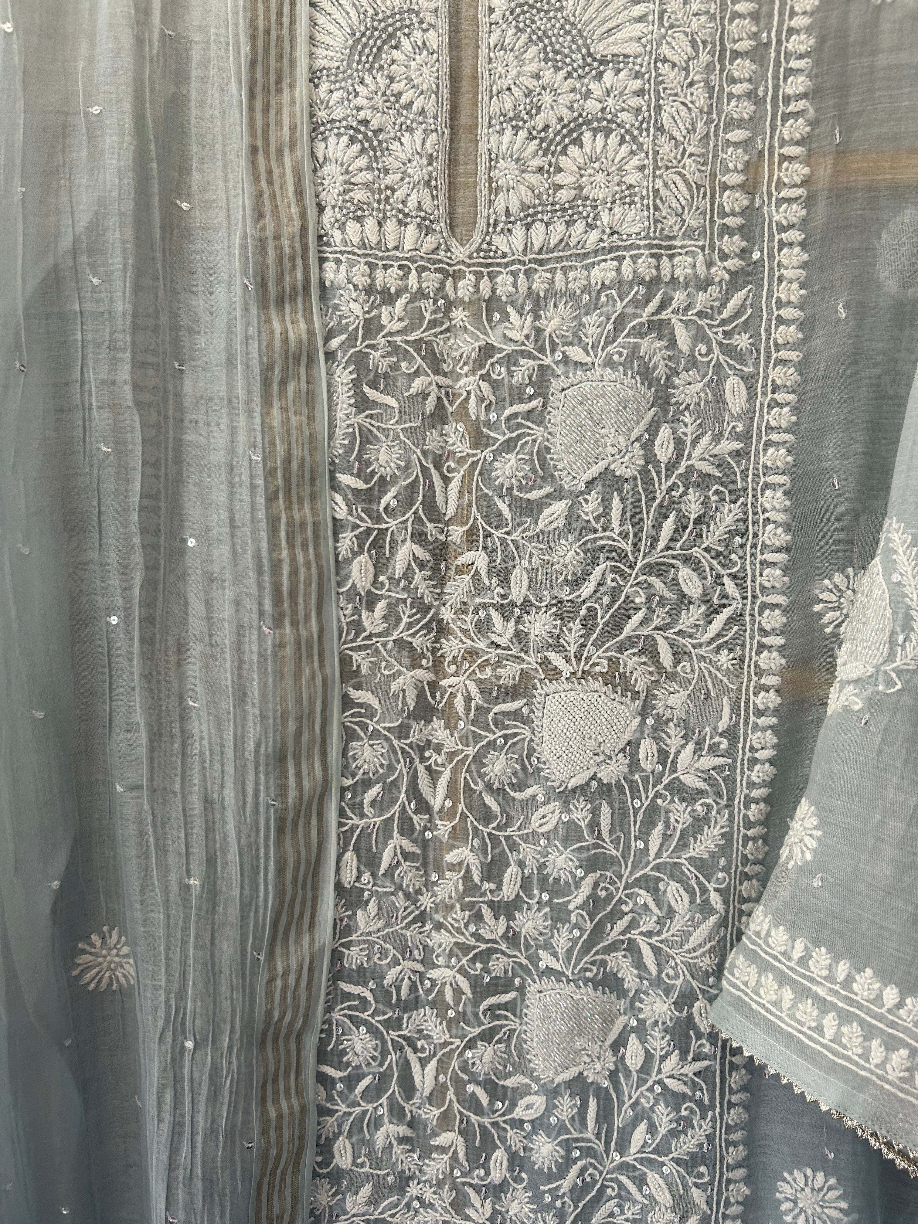 Powder Blue Ombre Mul Chanderi Chikankari Kurta Set