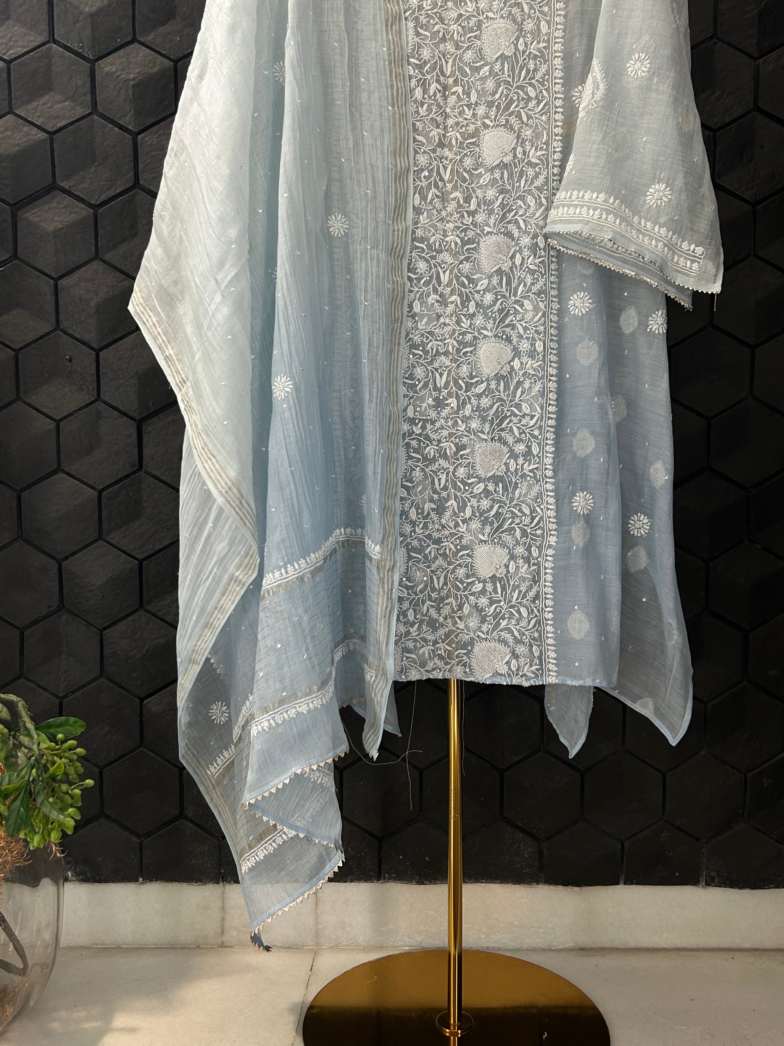 Powder Blue Ombre Mul Chanderi Chikankari Kurta Set