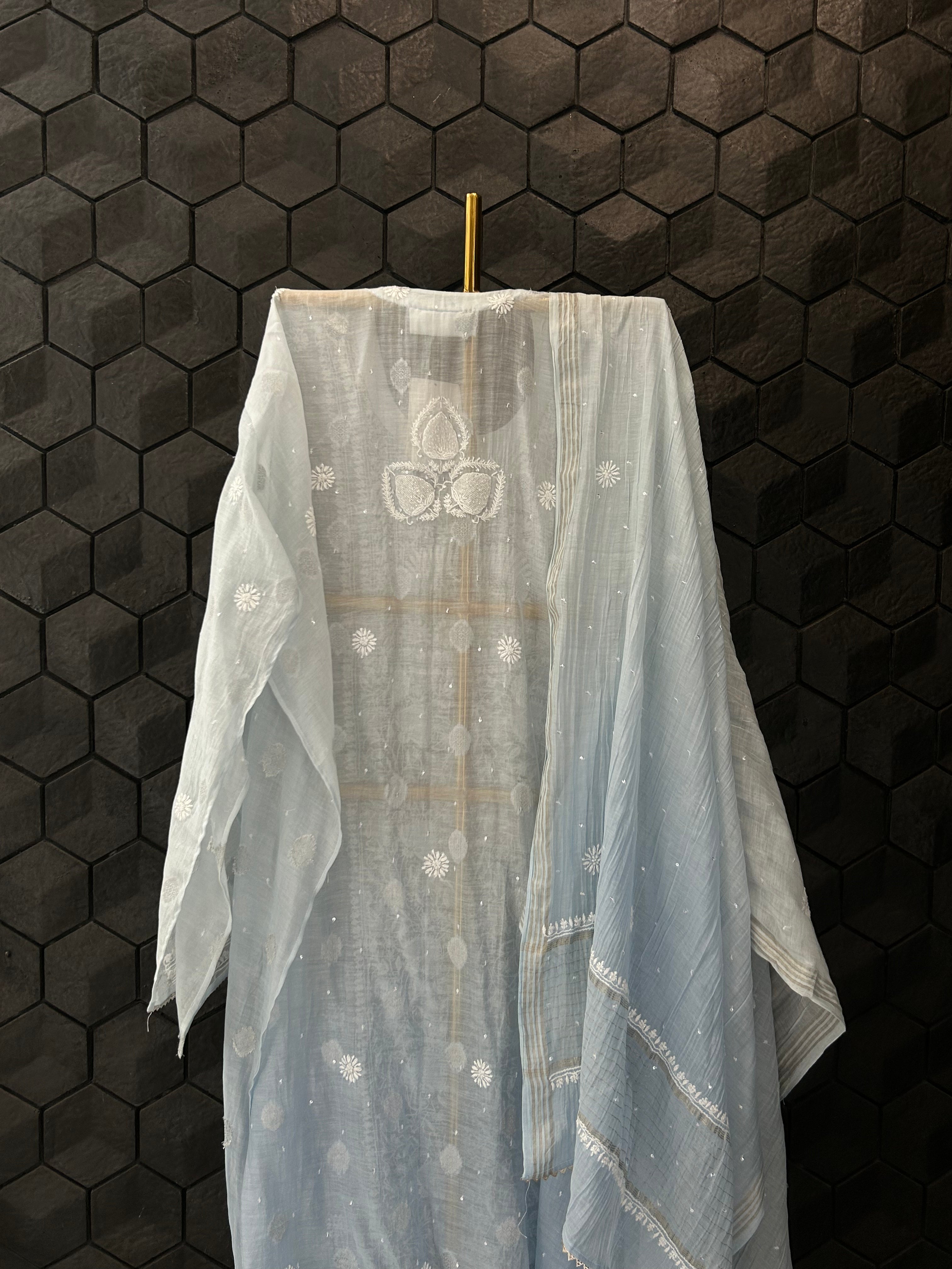 Powder Blue Ombre Mul Chanderi Chikankari Kurta Set