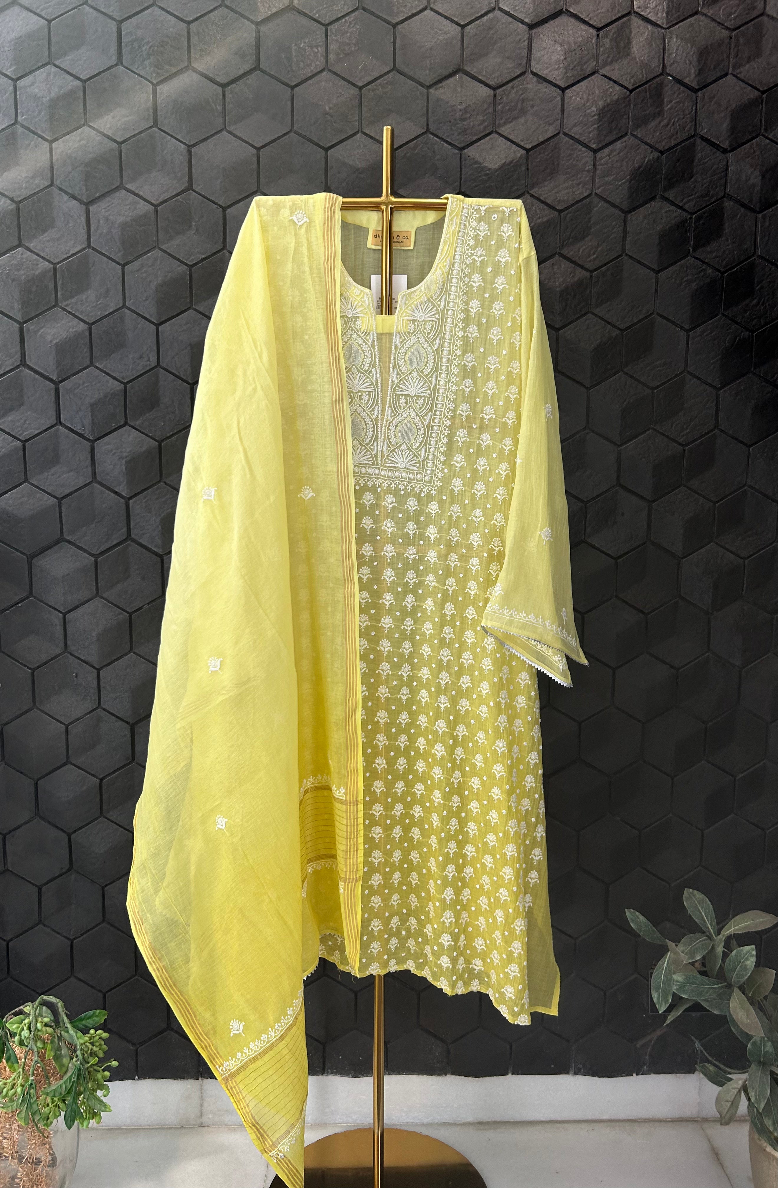 Lime Green Ombre Mul Chanderi Chikankari Kurta Set