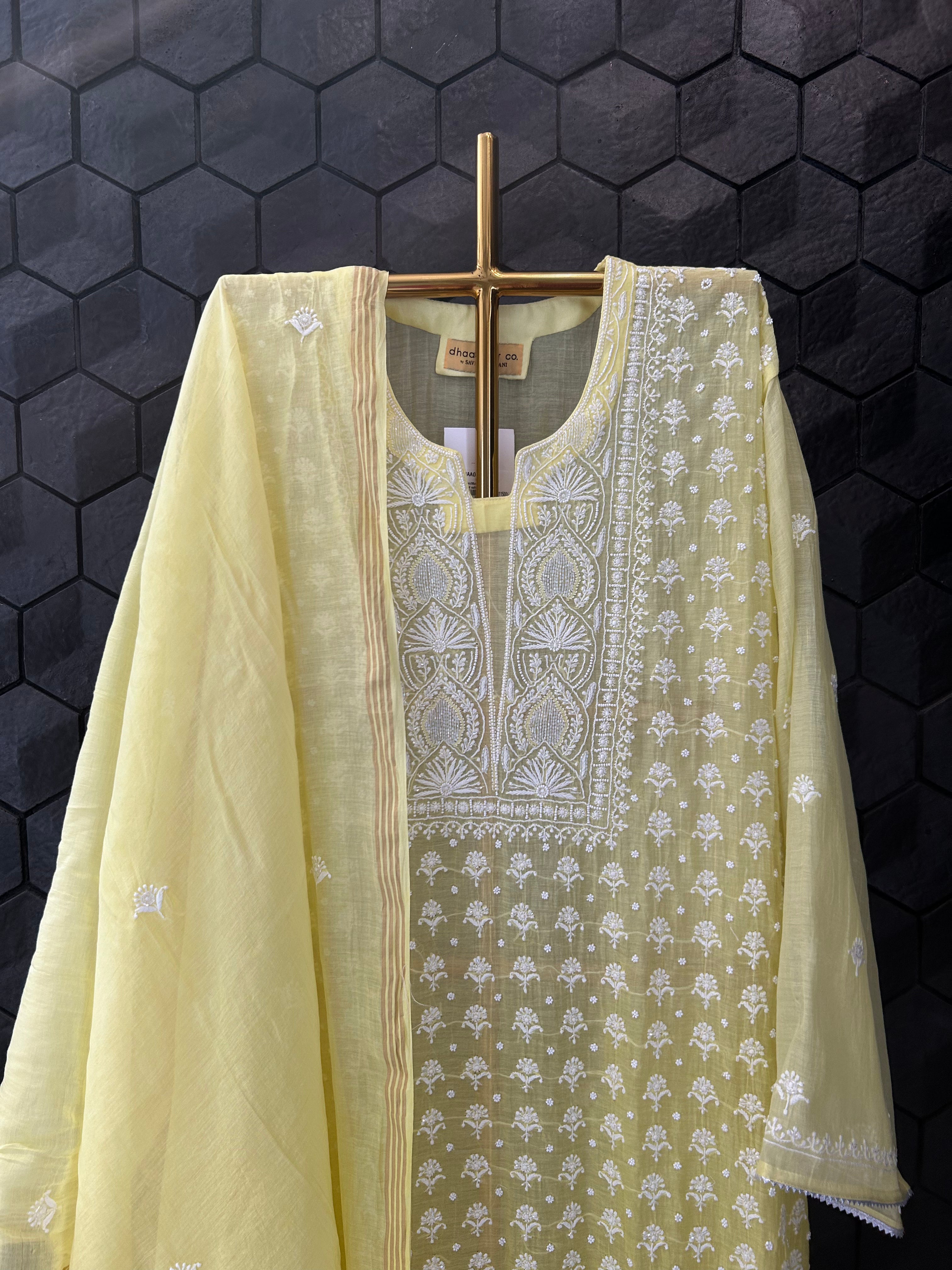 Lime Green Ombre Mul Chanderi Chikankari Kurta Set