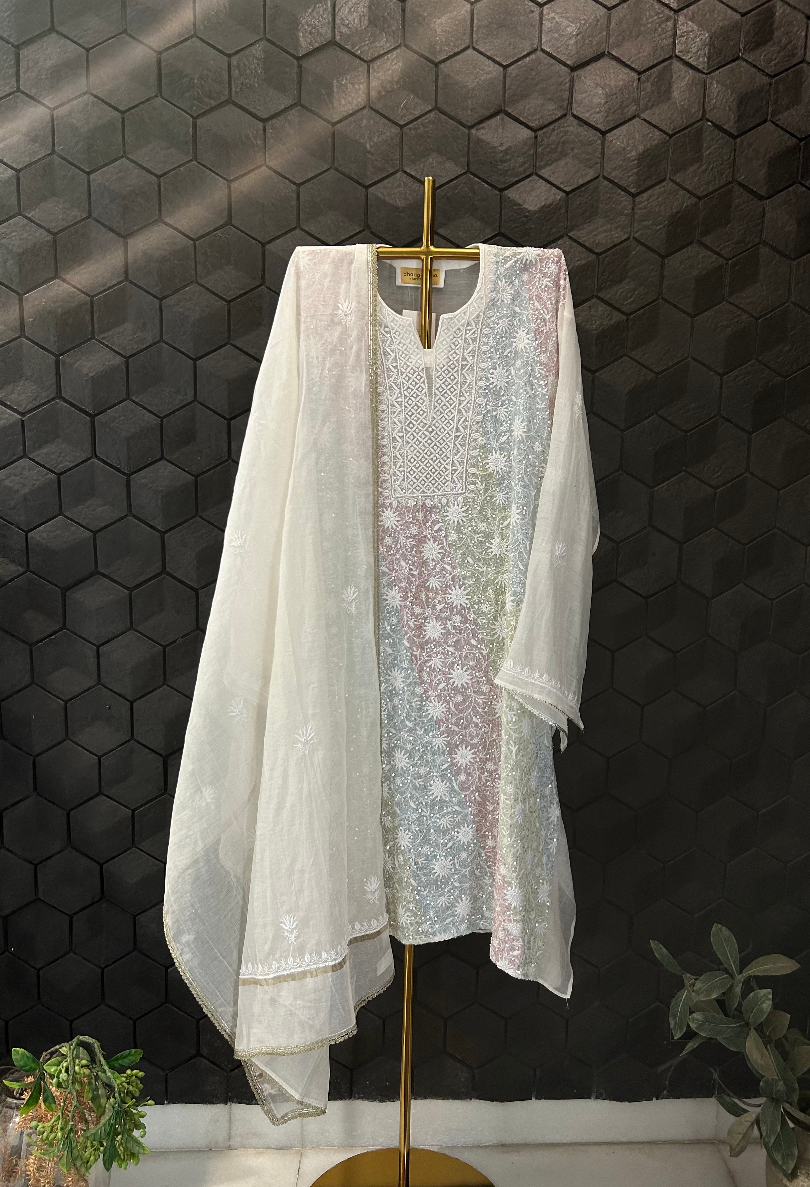 White Mul Chanderi Chikankari Kurta Set