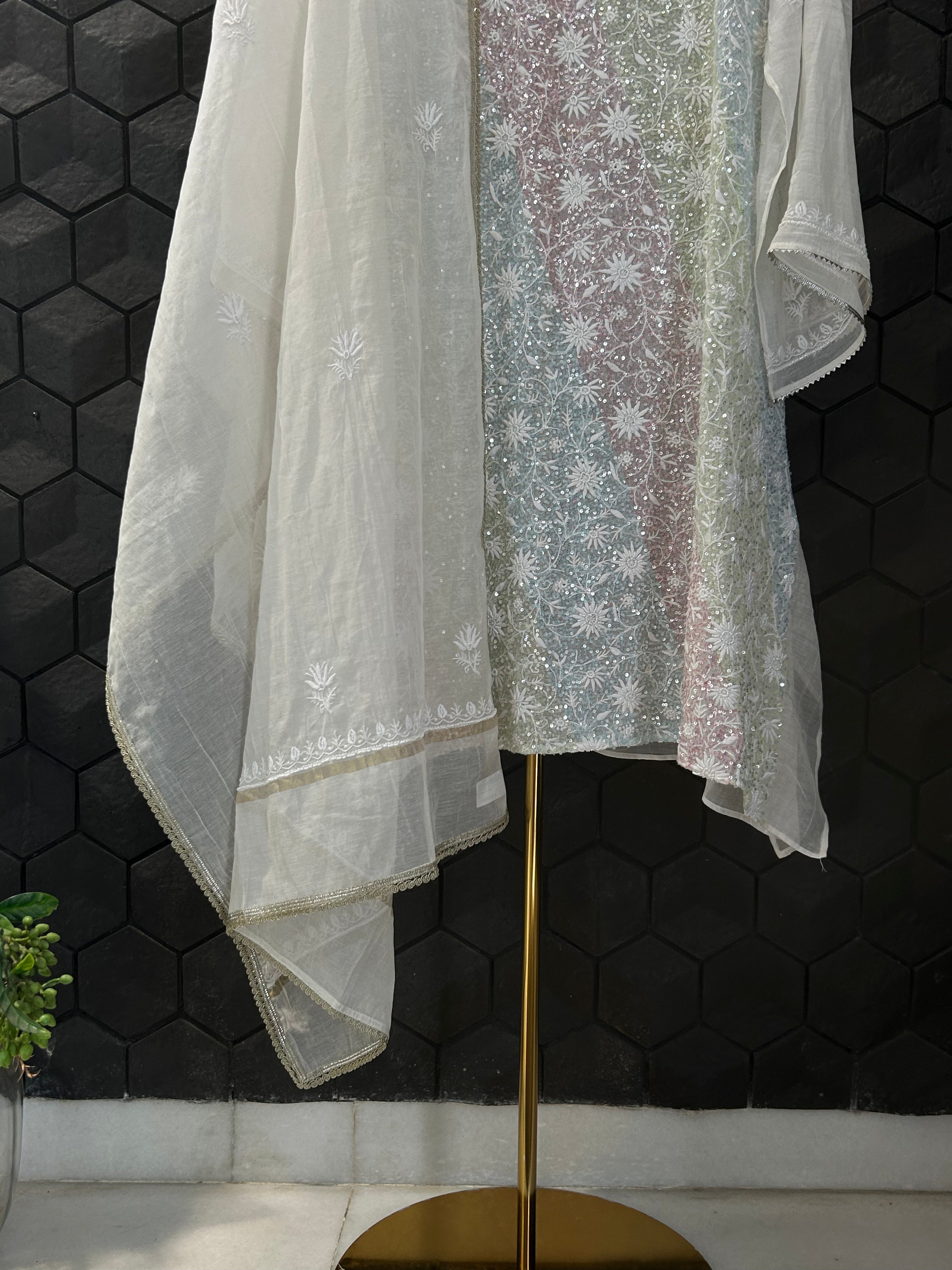 White Mul Chanderi Chikankari Kurta Set